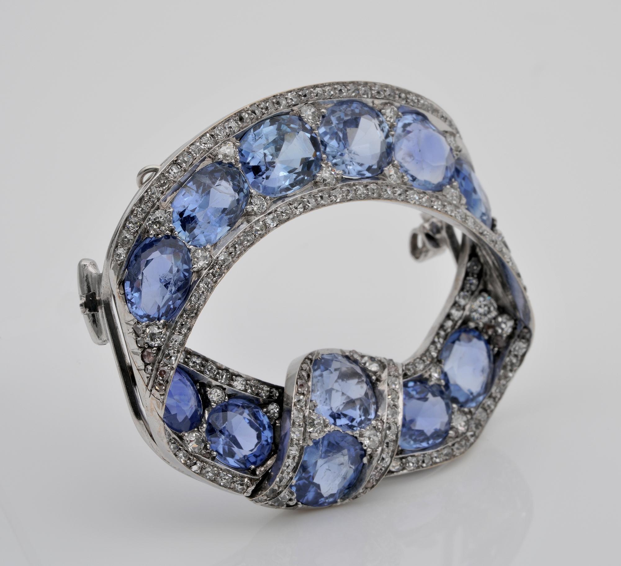 Art Nouveau Rare Russian 22.0 Carat Cert Natural Sapphire 3.20 Ct Diamond Tsarist Bow Brooch For Sale