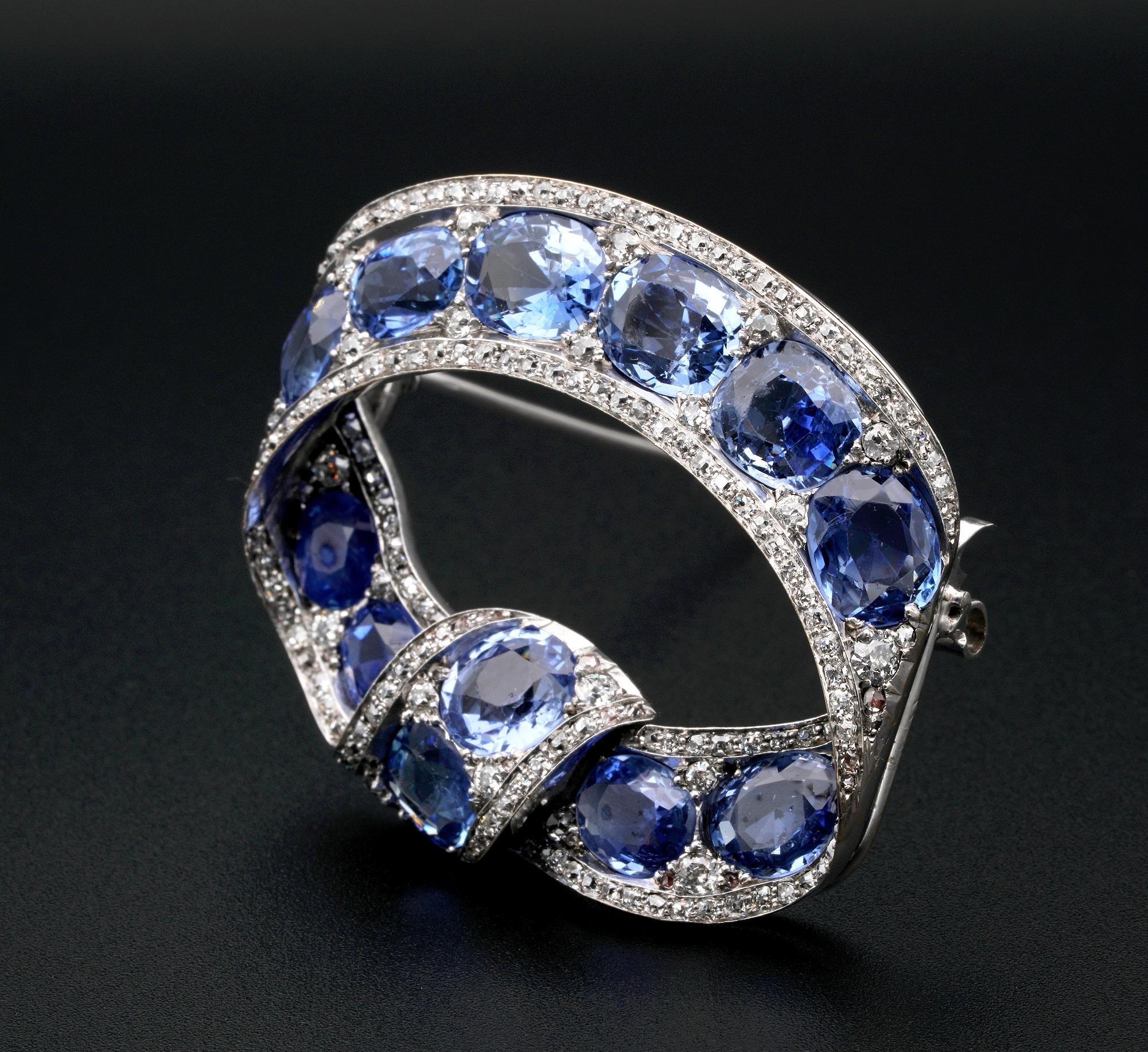 Rare Russian 22.0 Carat Cert Natural Sapphire 3.20 Ct Diamond Tsarist Bow Brooch For Sale 1