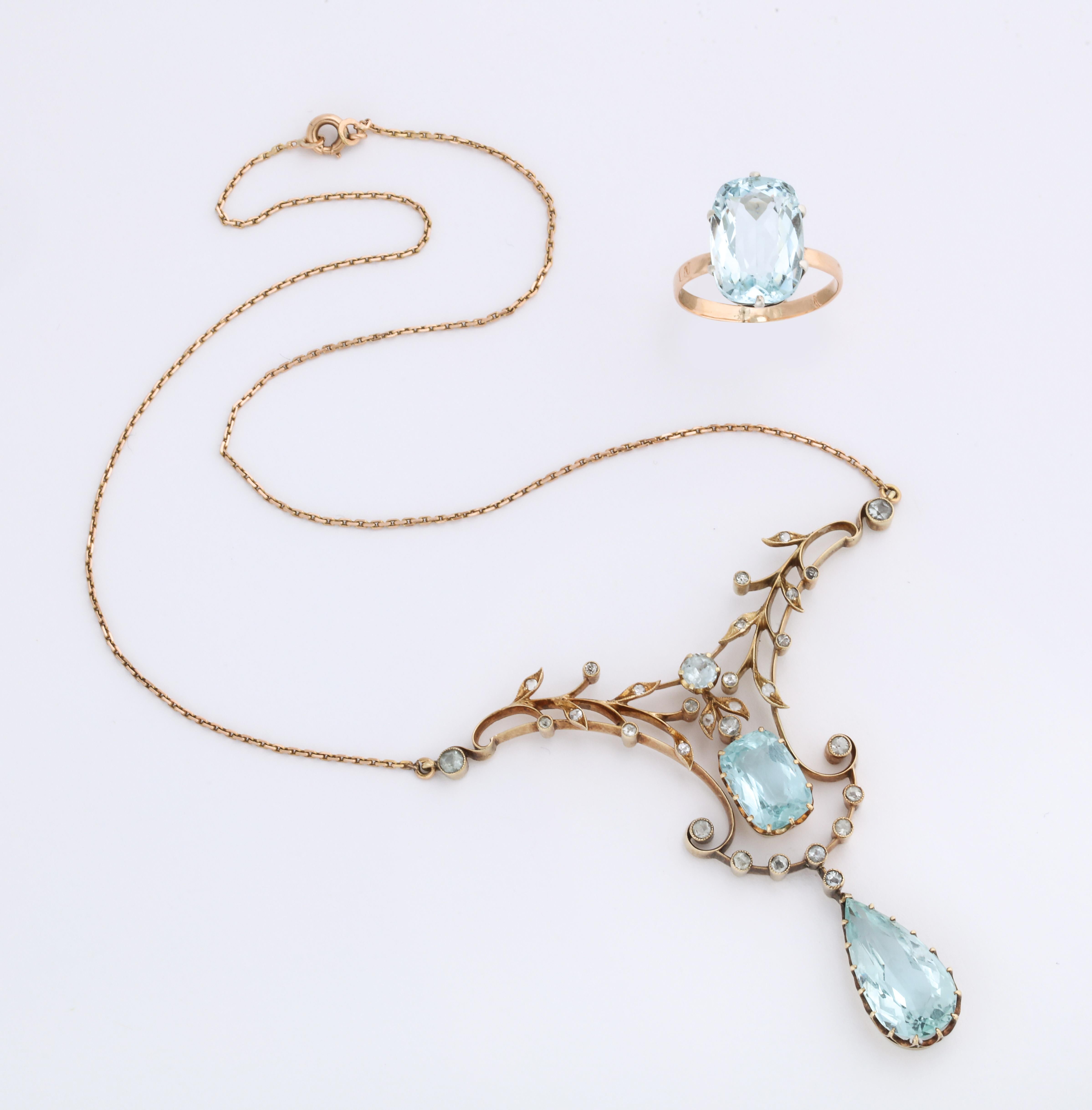 Art Nouveau Russian Imperial-era Aquamarine Necklace and Ring, St. Petersburg, c. 1910 For Sale