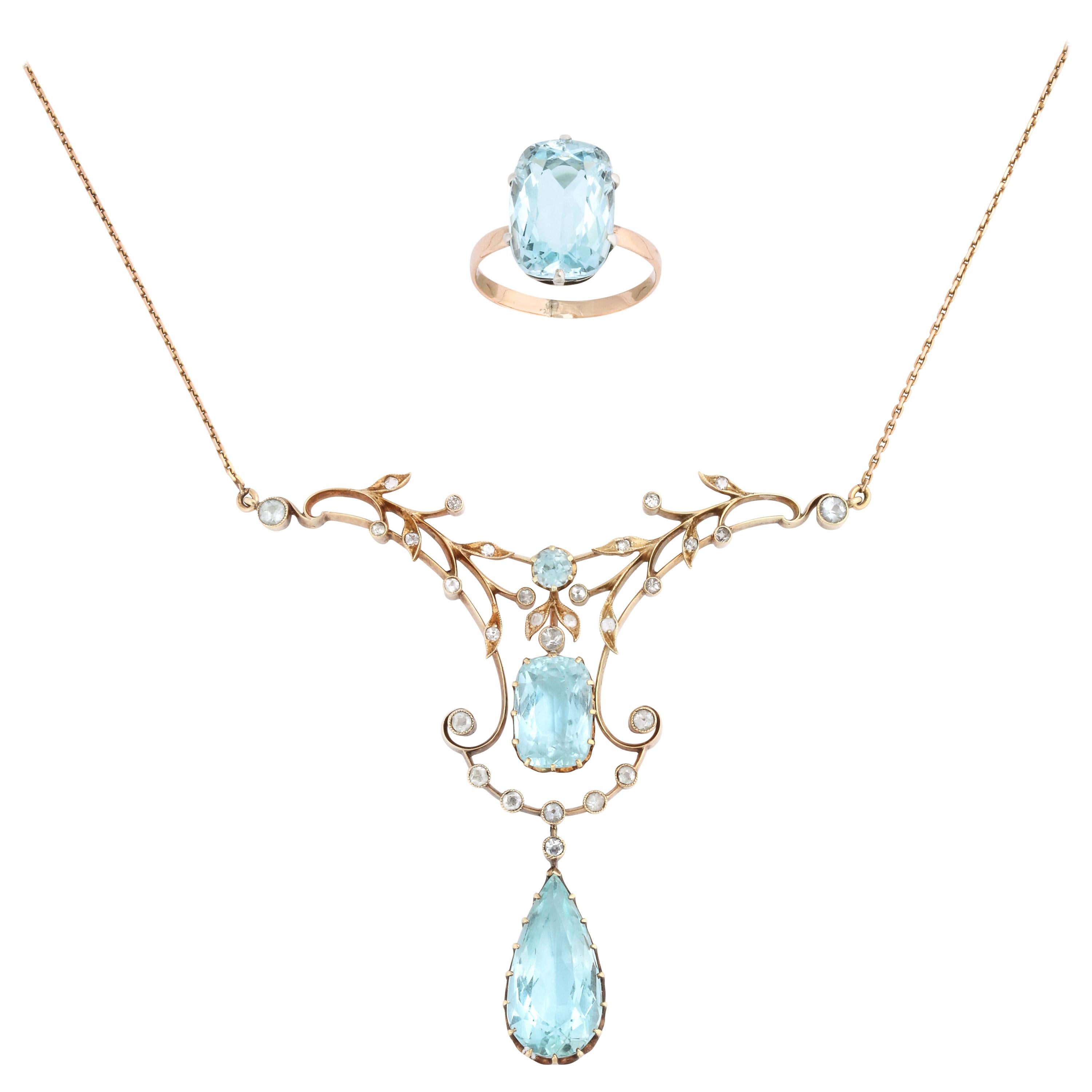 Russian Imperial-era Aquamarine Necklace and Ring, St. Petersburg, c. 1910 For Sale