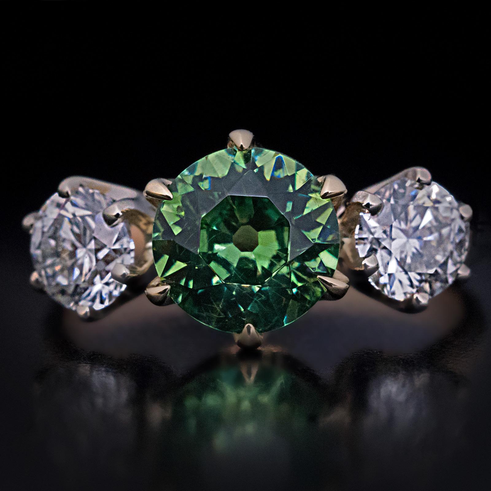Rare Russian Demantoid Diamond Three-Stone Ring In Excellent Condition In Chicago, IL