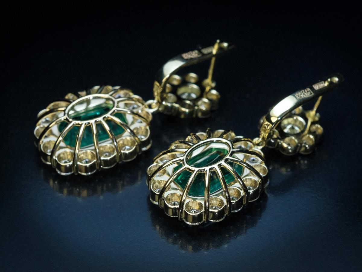 Contemporary Rare Russian Emerald Diamond Gold Earrings For Sale