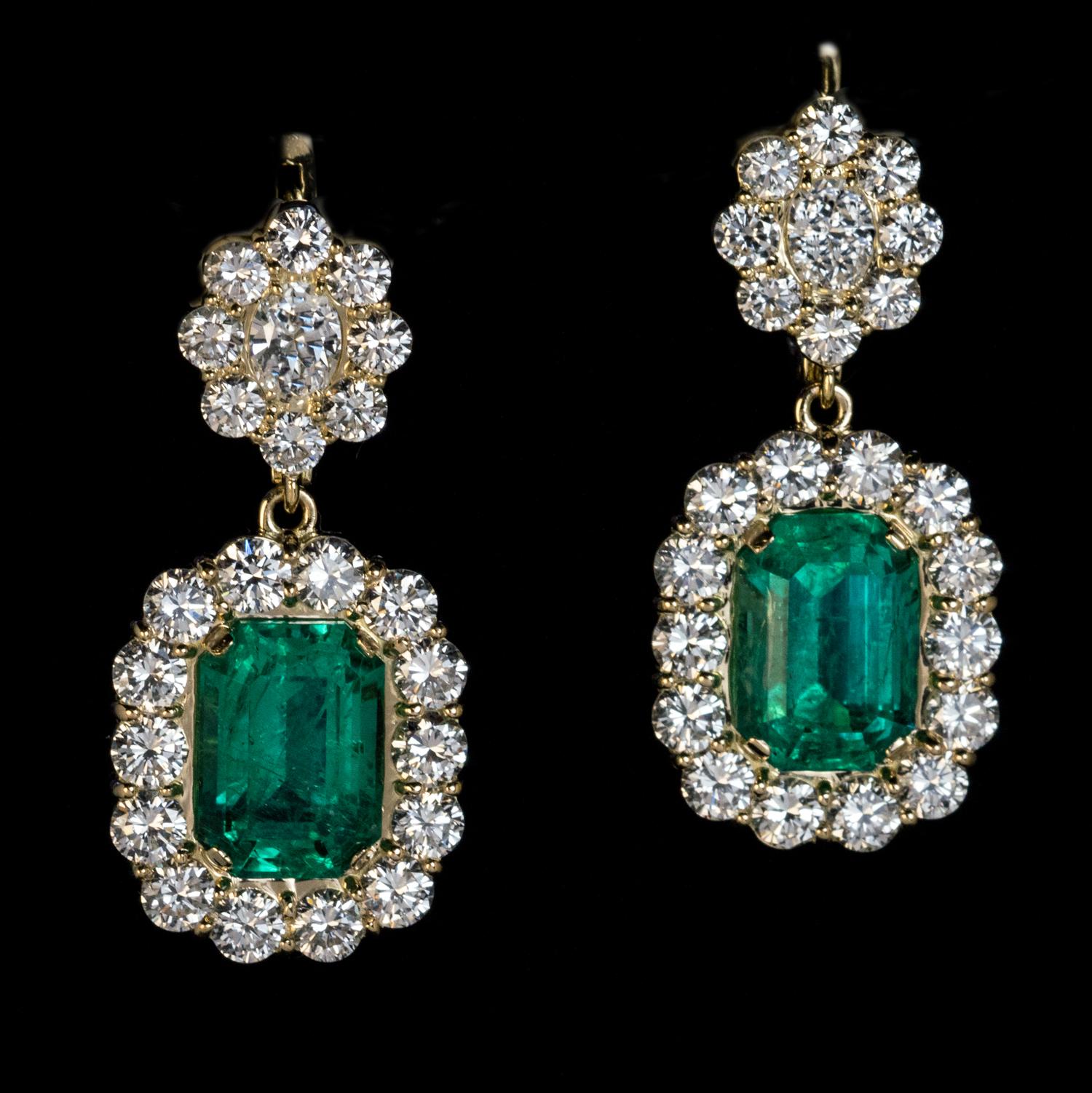 Emerald Cut Rare Russian Emerald Diamond Gold Earrings For Sale