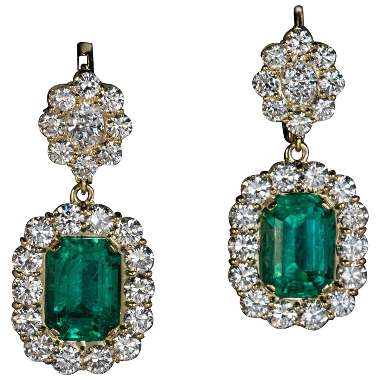 Rare Russian Emerald Diamond Gold Earrings For Sale
