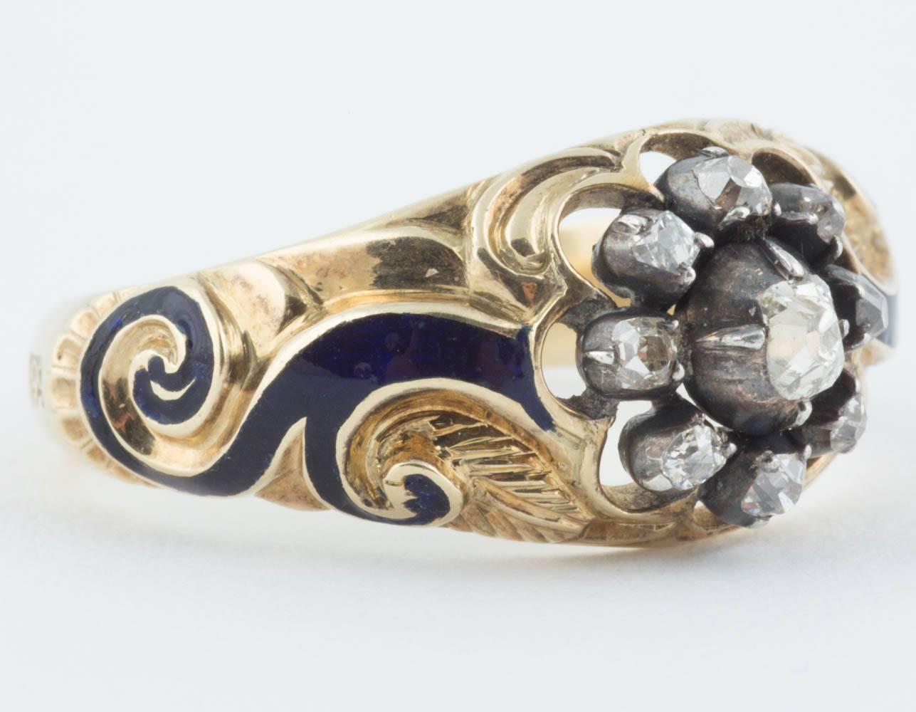 Baroque Russian Imperial-era Enamel and Diamond Gold Man’s Ring, 1855 For Sale