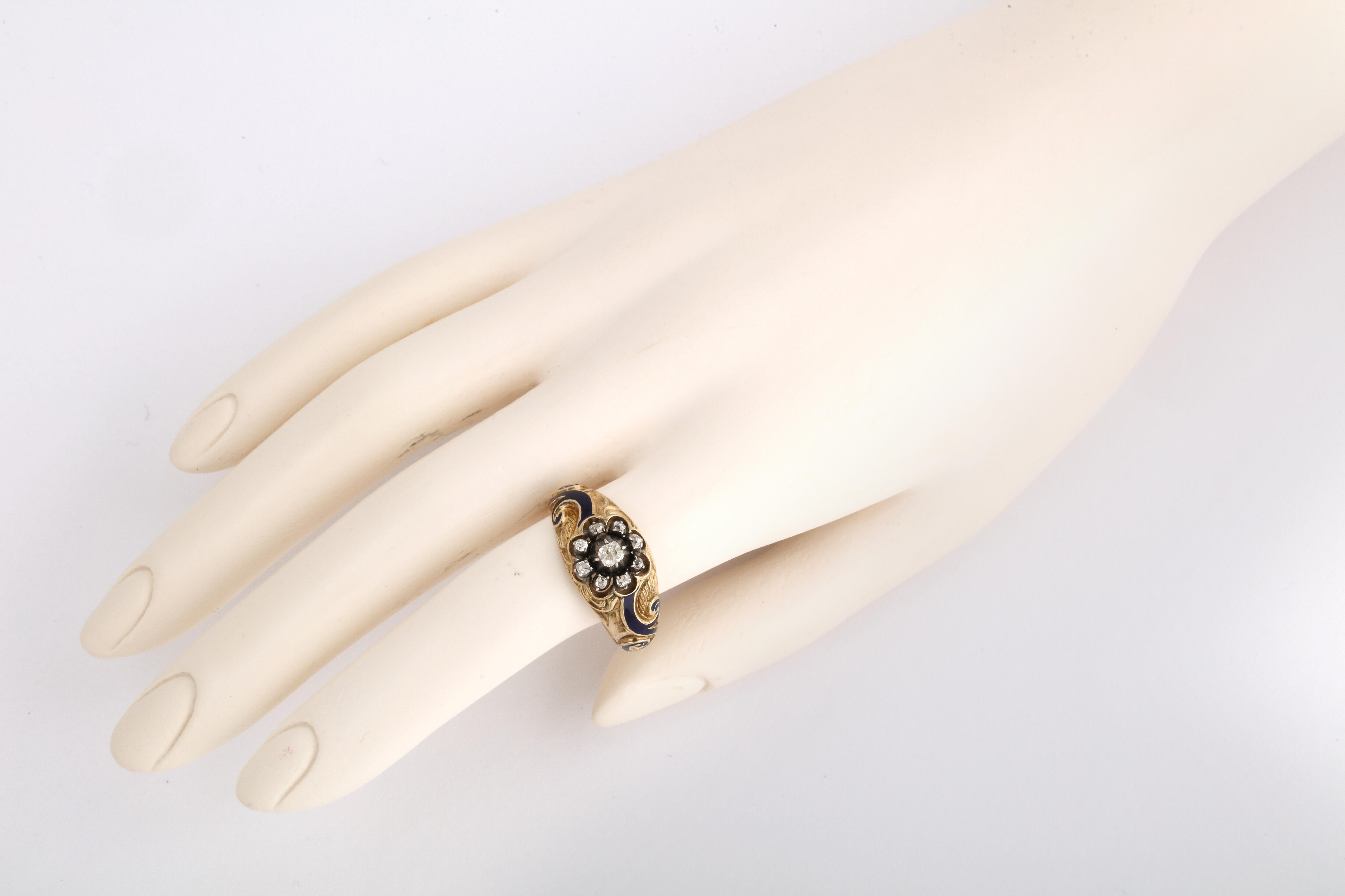 Old Mine Cut Russian Imperial-era Enamel and Diamond Gold Man’s Ring, 1855 For Sale