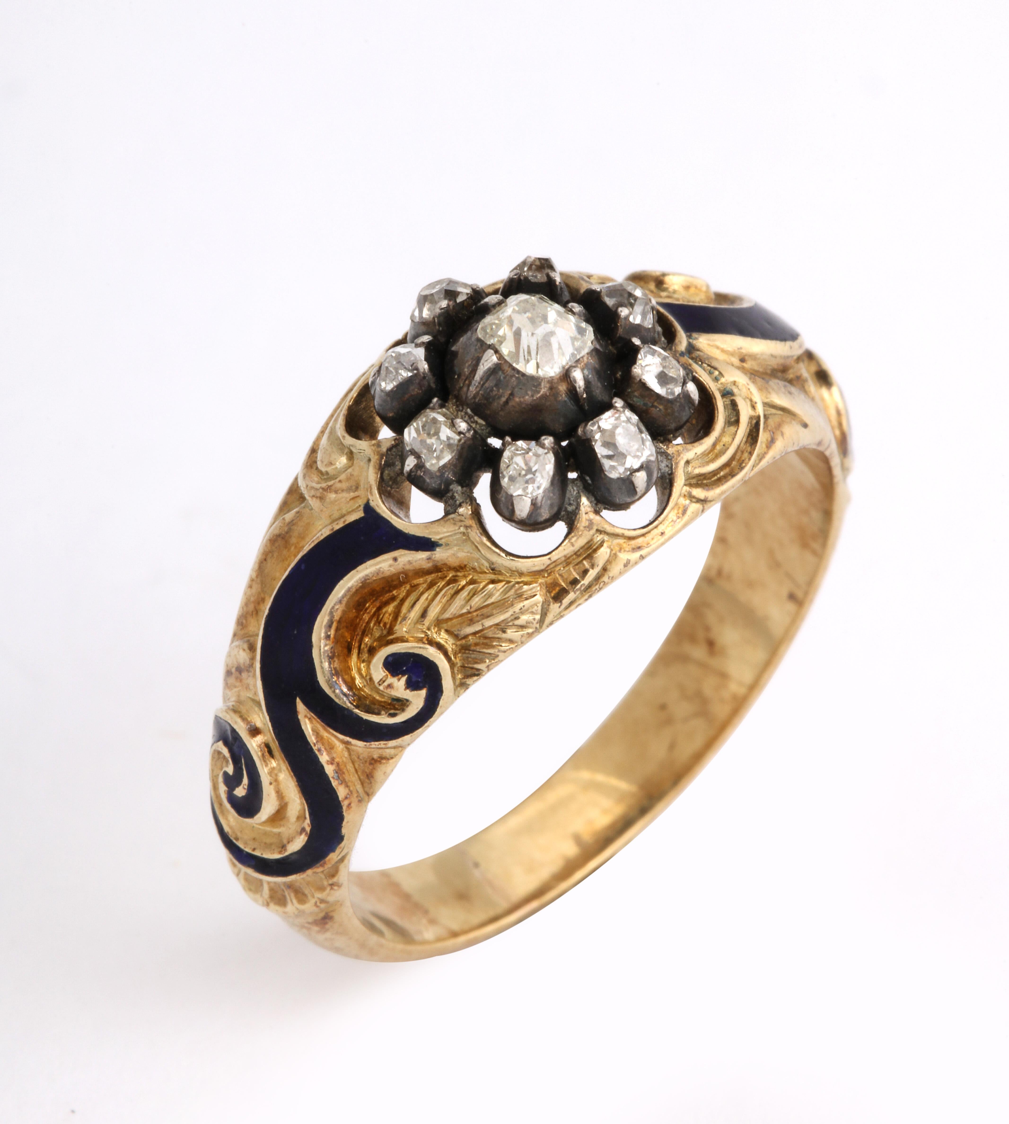 Russian Imperial-era Enamel and Diamond Gold Man’s Ring, 1855 In Good Condition For Sale In St. Catharines, ON