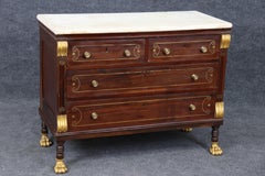 Rare Russian Gilded Marble Top Mahogany Paw Foot Commode with Brass Inlay