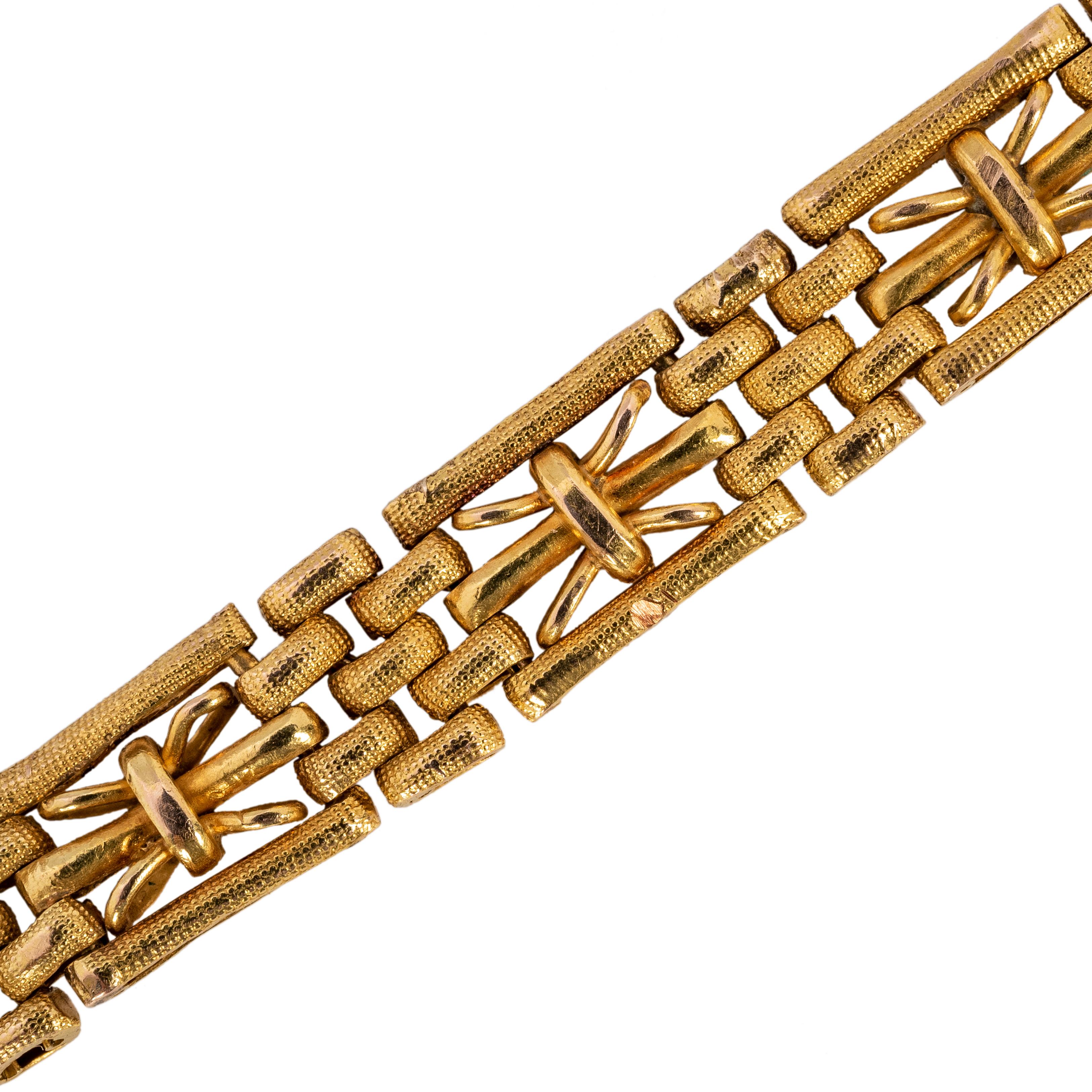 From the Romanov era period of Tsar Nicholas II, a masterful Russian bracelet of matte and polished 14k yellow gold, designed as sections of horizontal textured links alternating with polished central links finished front and back.

Moscow, 1908-17,