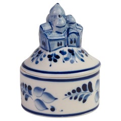 Rare Russian Gzhel Hand-painted Blue White Porcelain Church Trinket Box