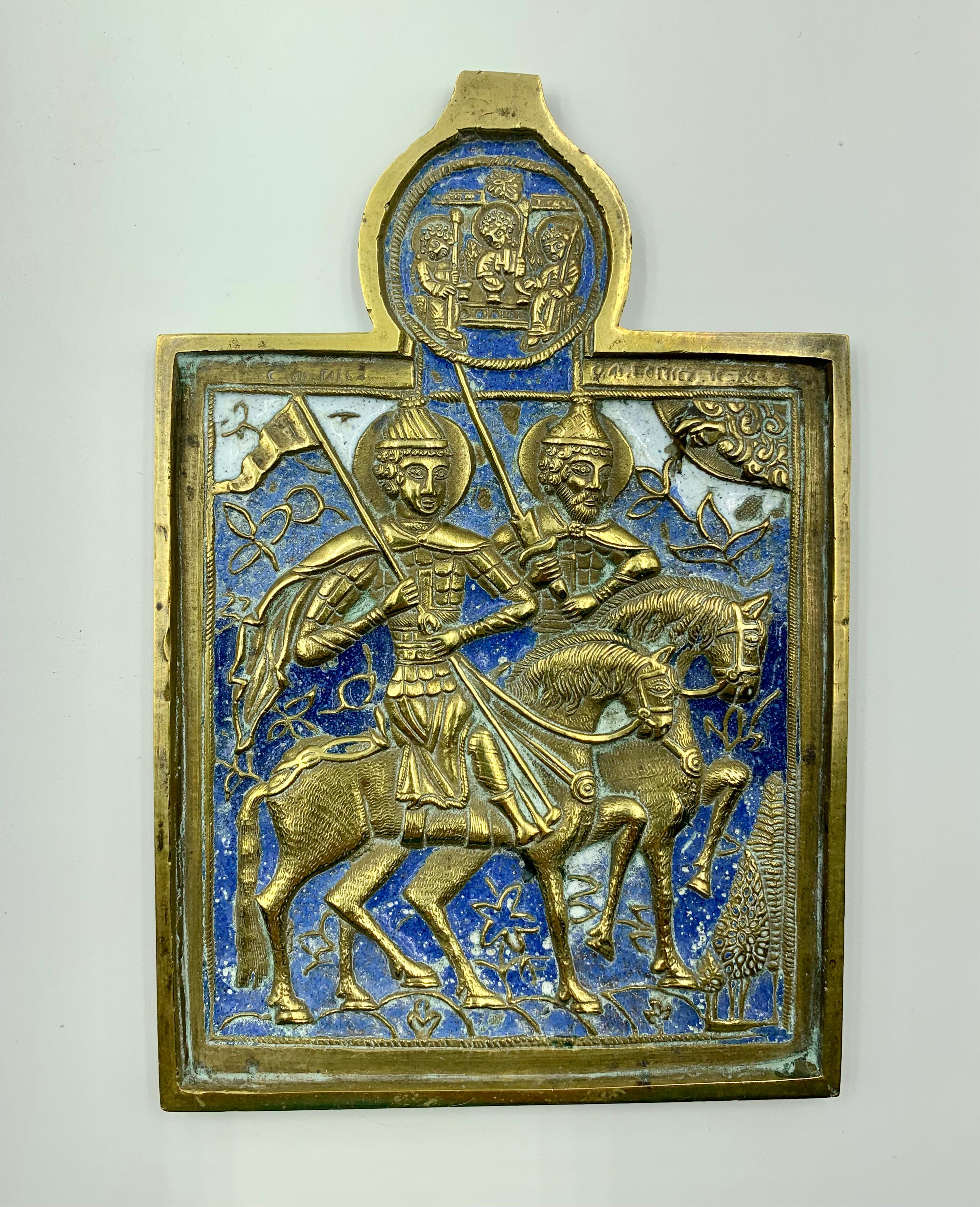 Rare Russian Polychrome Enamel Bronze Travel Icon of Princes Boris and Gleb 6