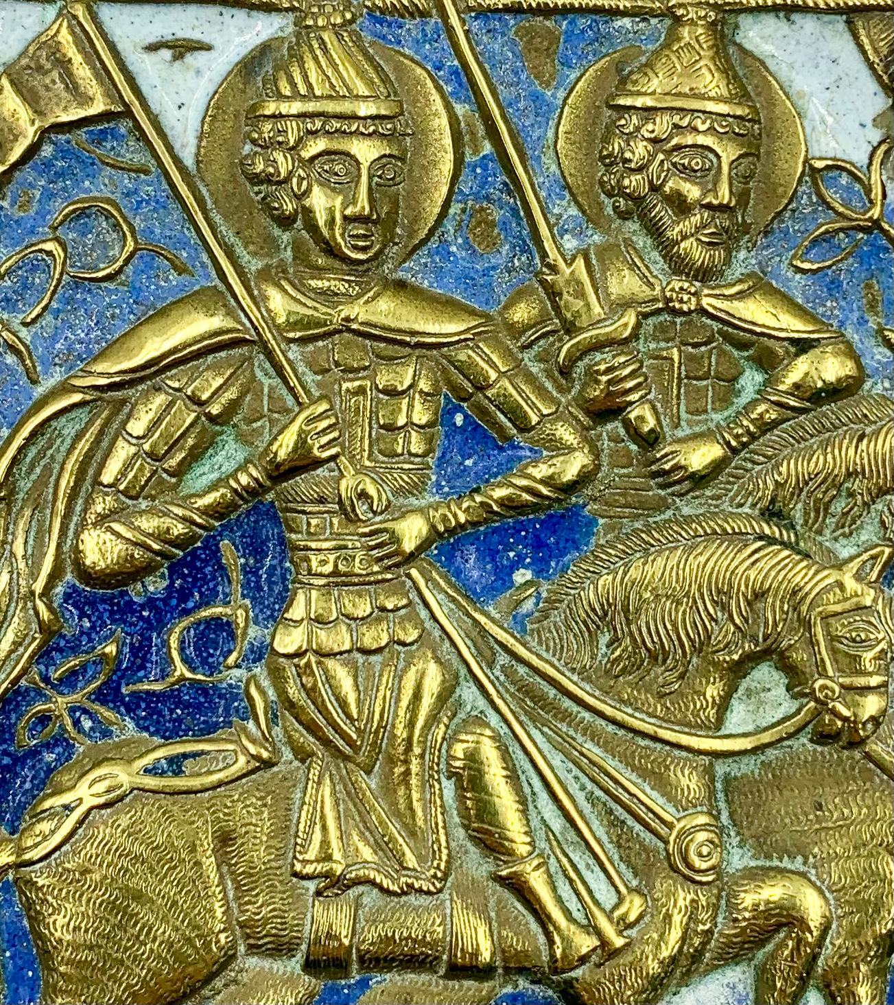 Russian Empire Rare Russian Polychrome Enamel Bronze Travel Icon of Princes Boris and Gleb