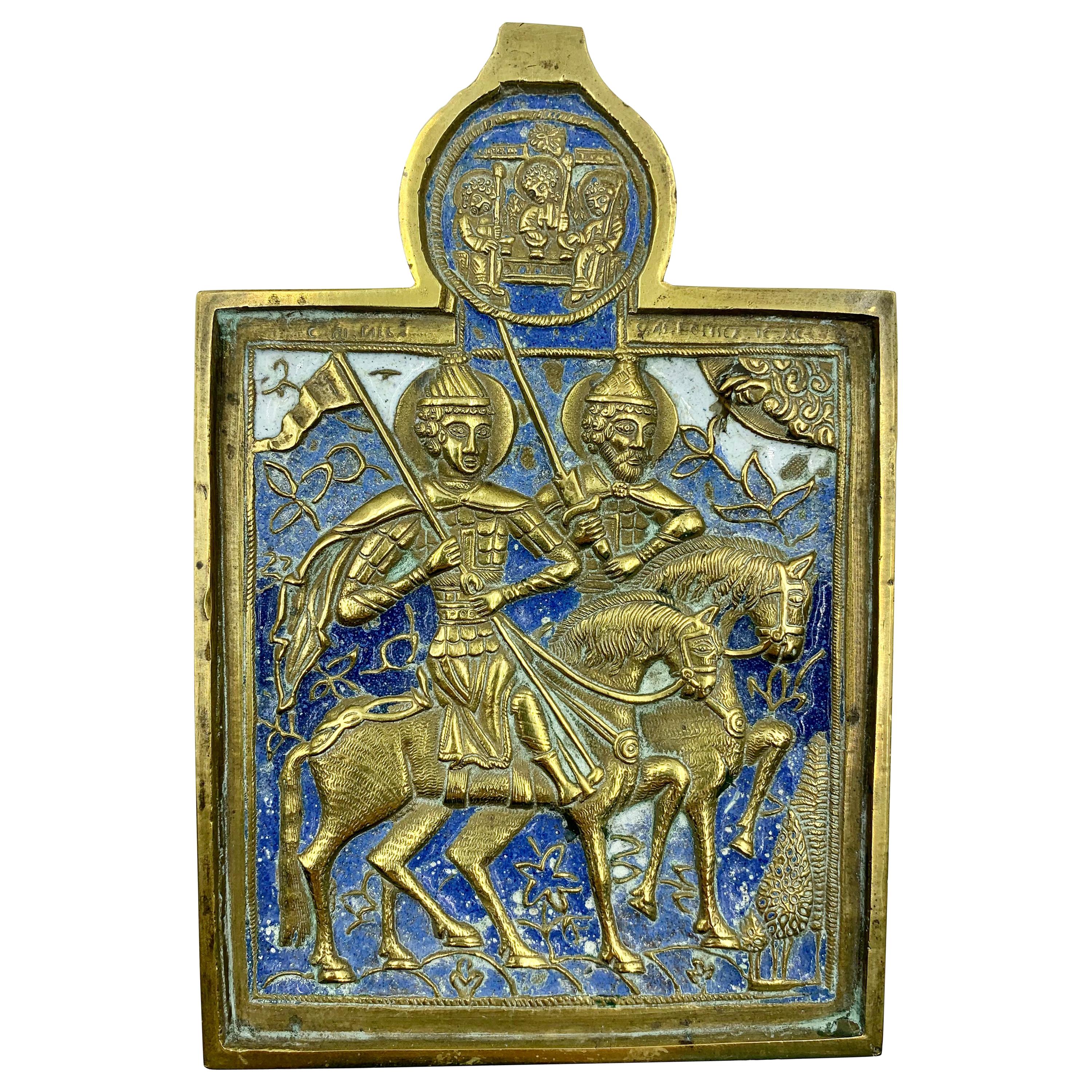 Rare Russian Polychrome Enamel Bronze Travel Icon of Princes Boris and Gleb