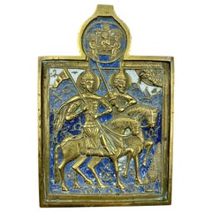 Rare Russian Polychrome Enamel Bronze Travel Icon of Princes Boris and Gleb