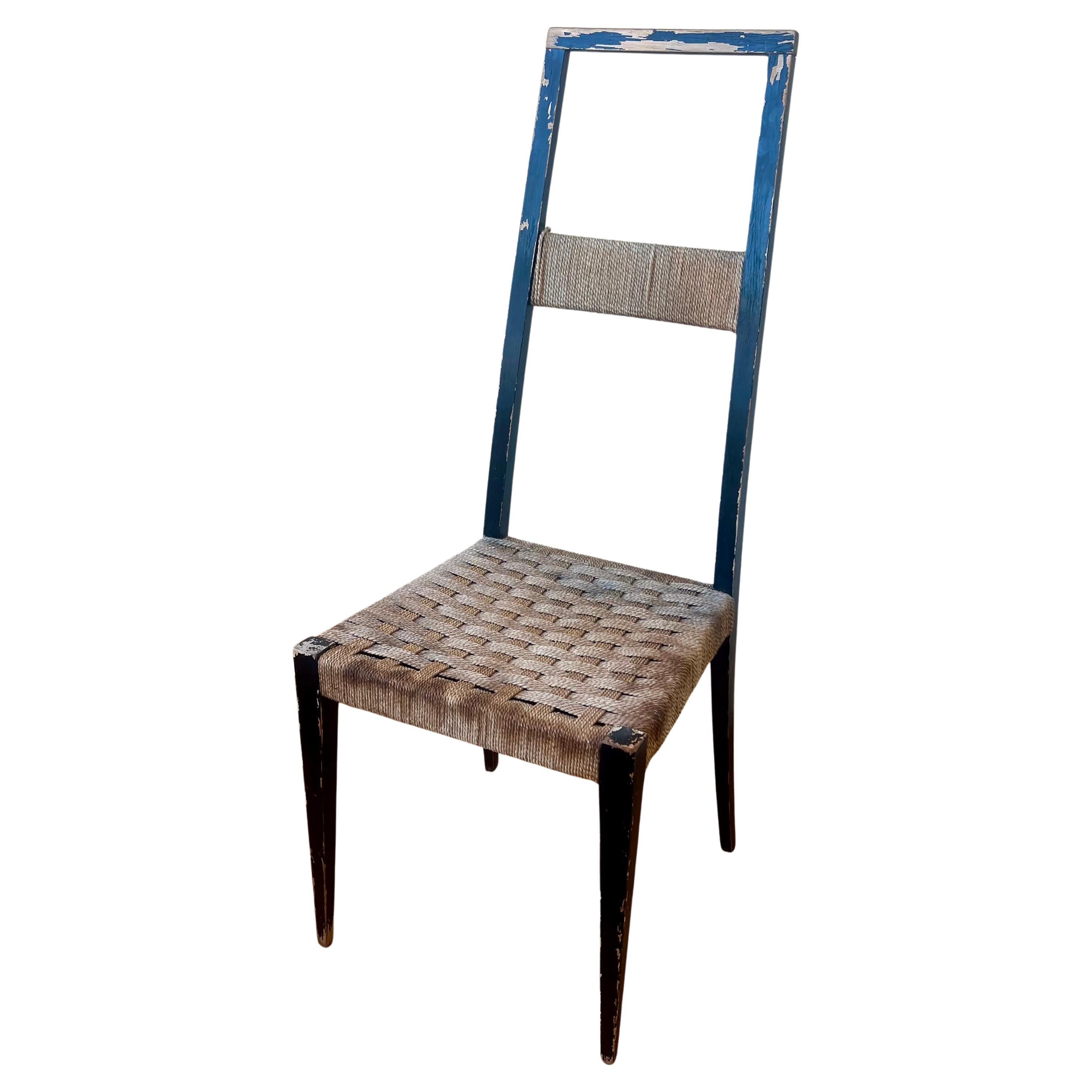Rare Rustic Mid Century Italian wood Ladder Back Side Chair Rush Seat