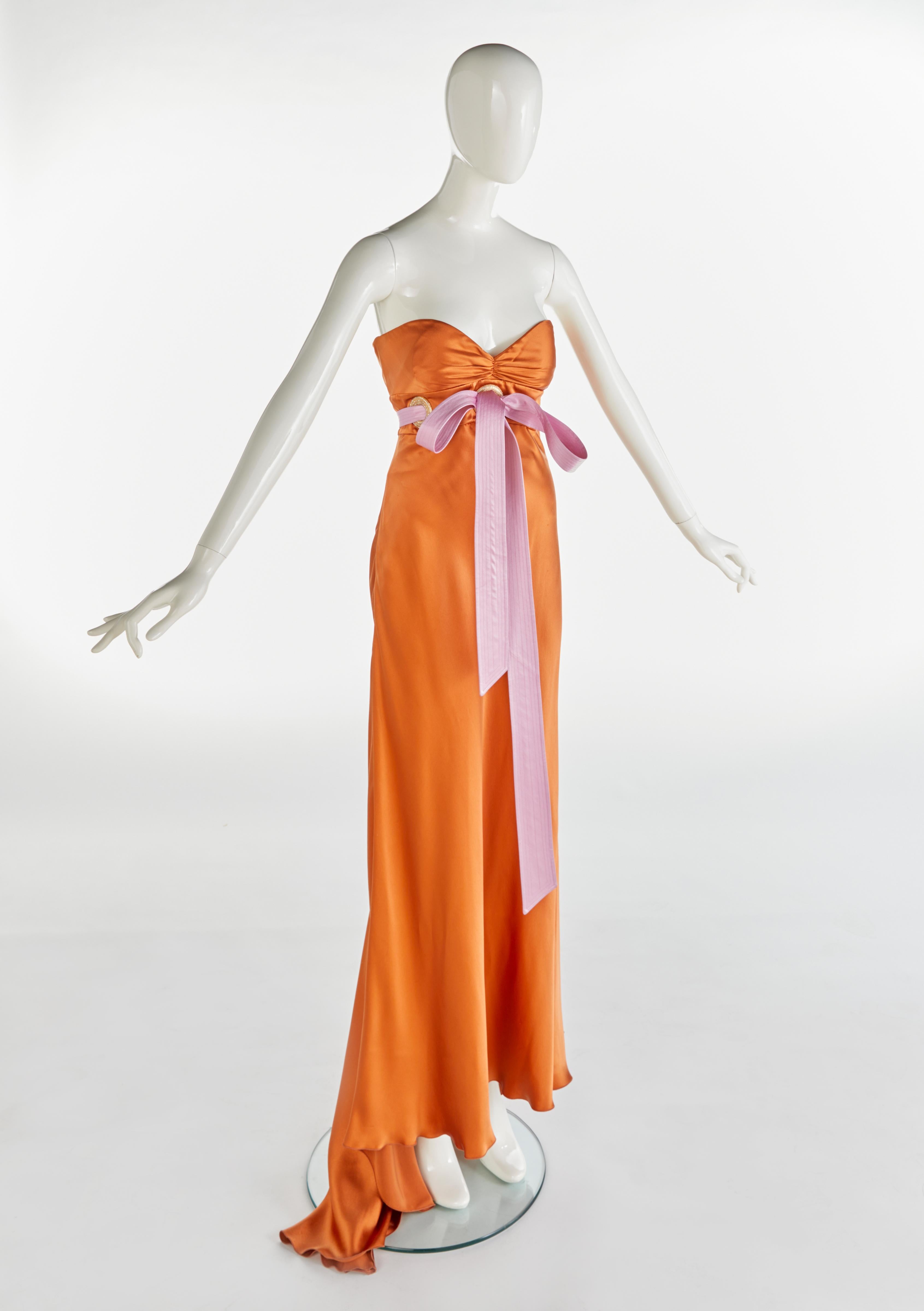 Orange Rare S/S 2005 Valentino Runway Silk Draped Crystal Bow Gown Dress For Sale