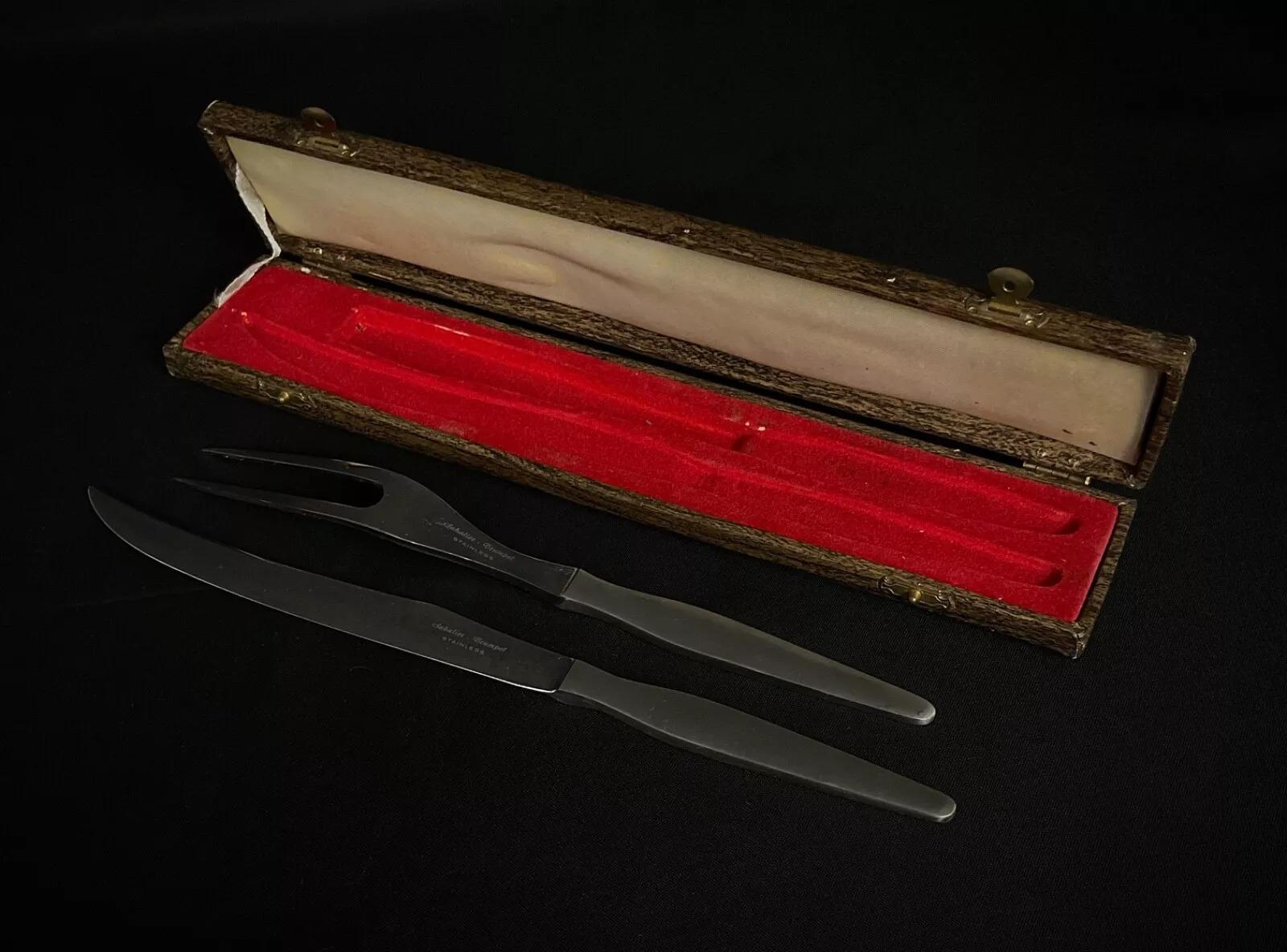 French Rare Sabatier Trumpet Stainless Steel Cutlery Set in Box – 3 Pieces - 2Y383 For Sale