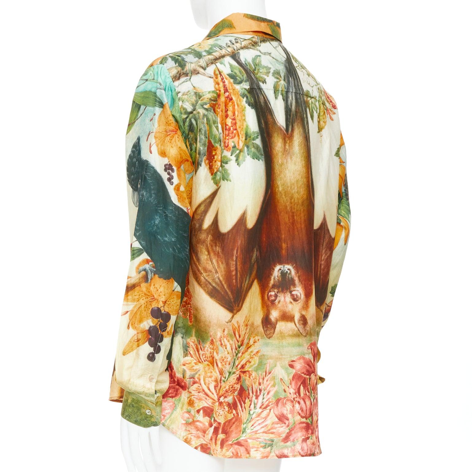 Uomo rara camicia SABYASACHI 100% seta pappagallo pipistrello animali misti stampa floreale EU42 XL in vendita