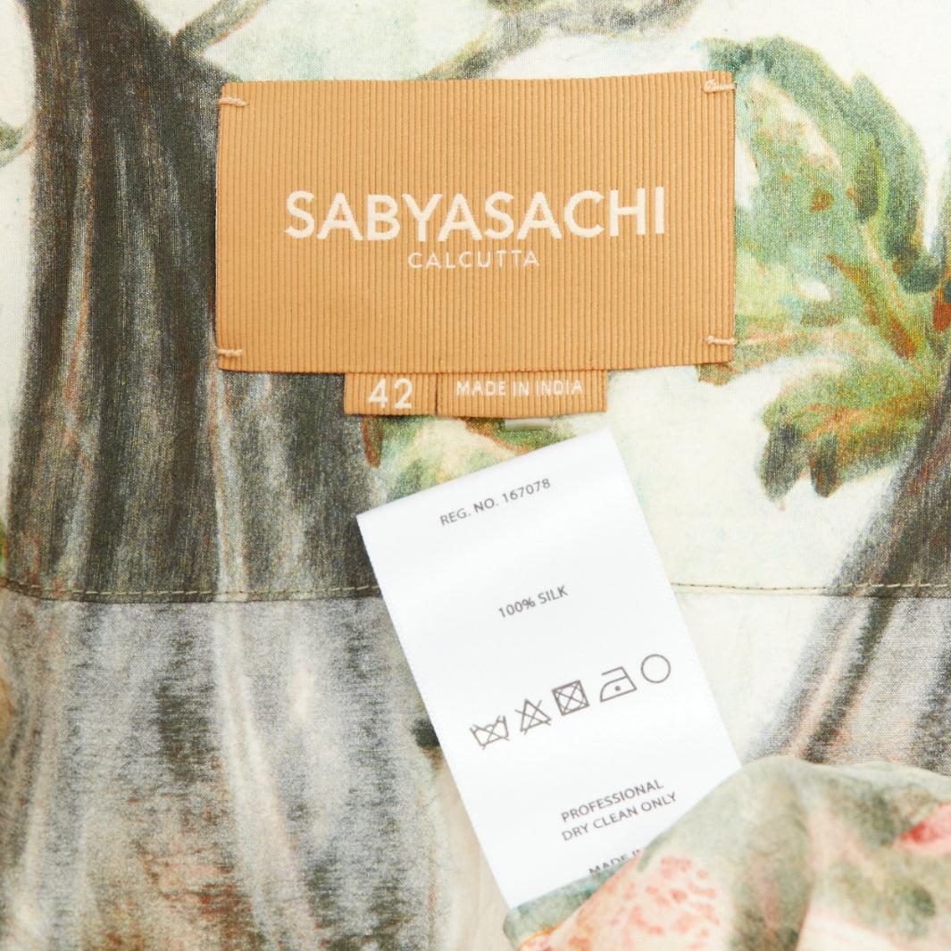 rara camicia SABYASACHI 100% seta pappagallo pipistrello animali misti stampa floreale EU42 XL in vendita 3