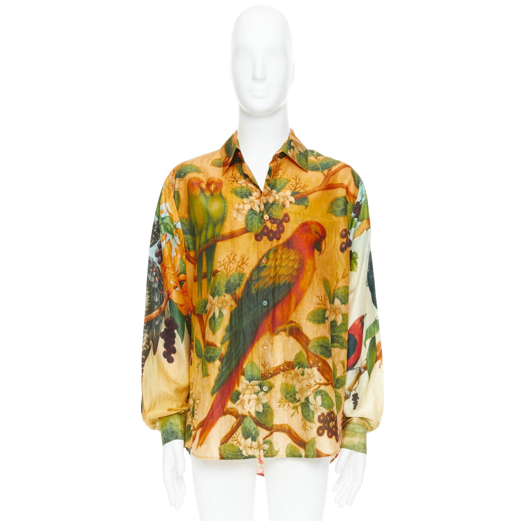 rara camicia SABYASACHI 100% seta pappagallo pipistrello animali misti stampa floreale EU42 XL in vendita 4