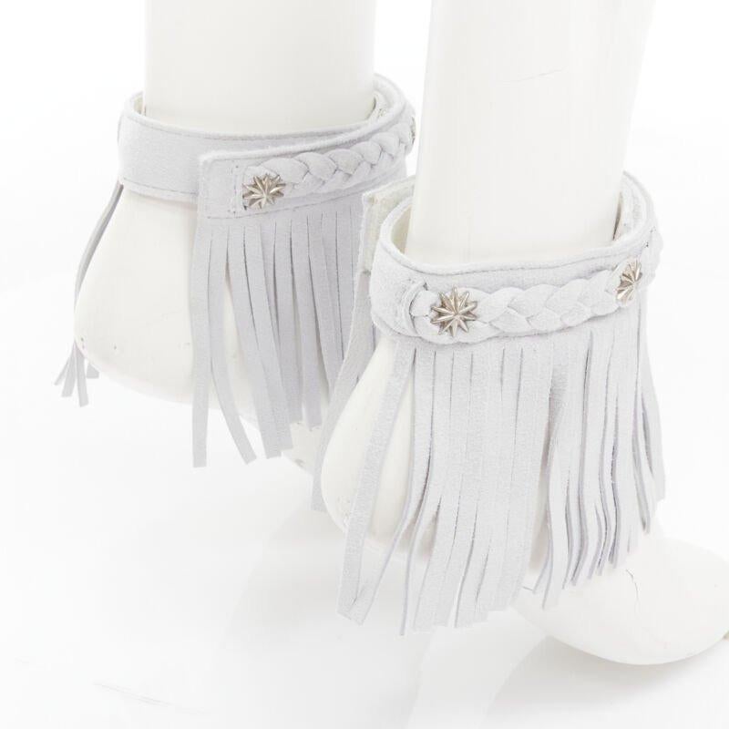 Gray rare SACAI grey Western cowbody star stud braided fringe trimmed ankle strap For Sale