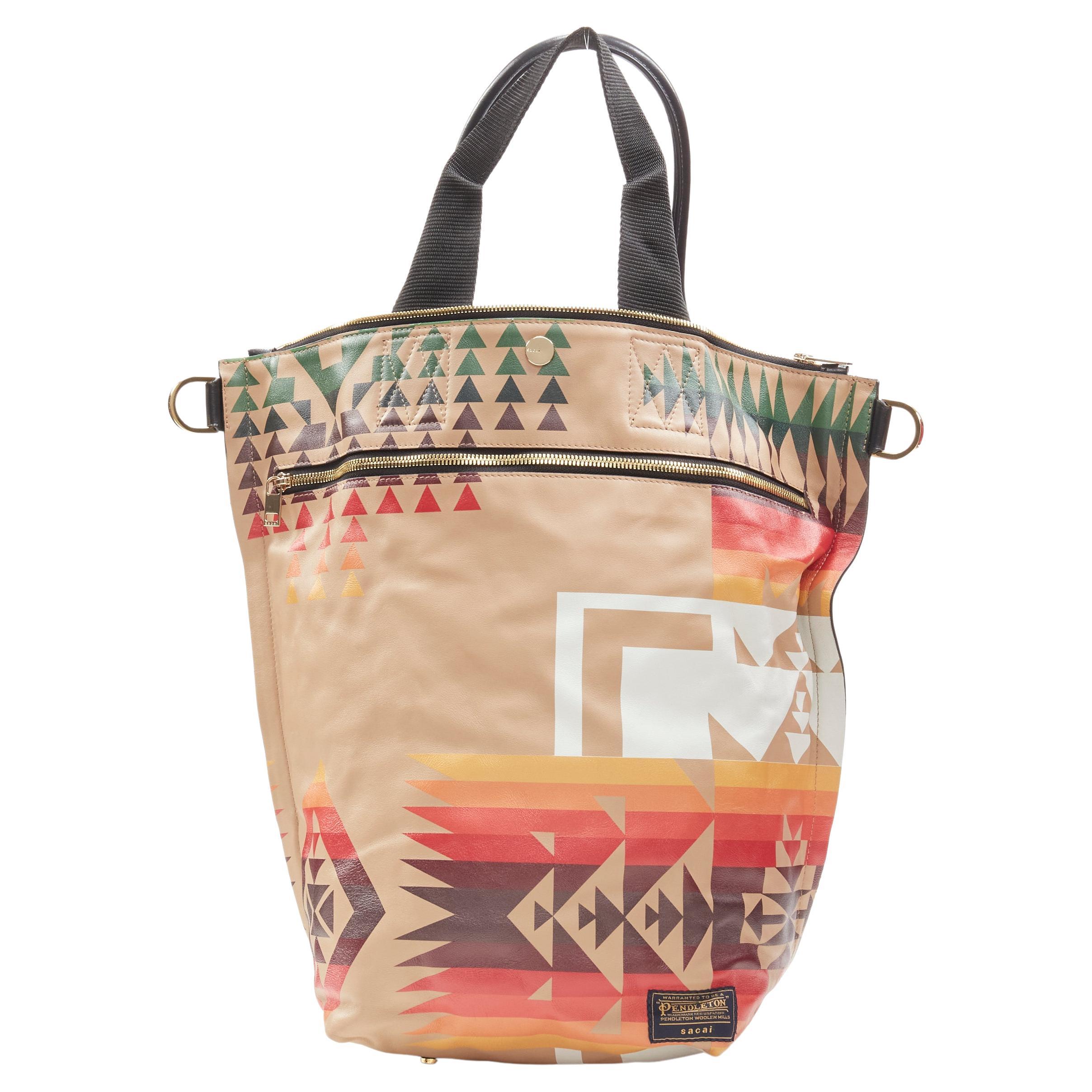 rare SACAI PENDLETON aztec ethnic print brown leather foldover tote bag For Sale
