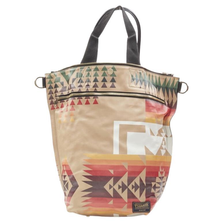 rare SACAI PENDLETON aztec ethnic print brown leather foldover tote bag For Sale