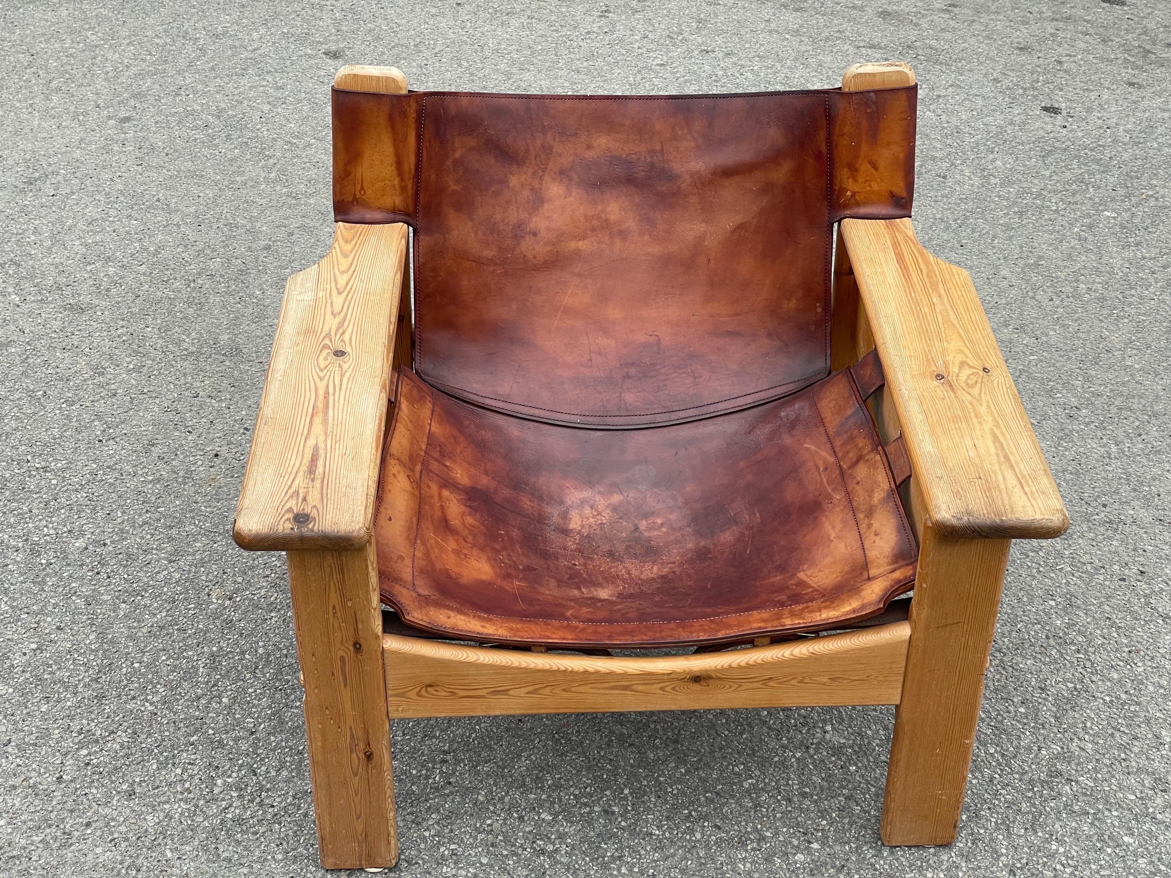 Rare chaise Safari en pin et cuir première édition de Karin Moring 1970's en vente 3