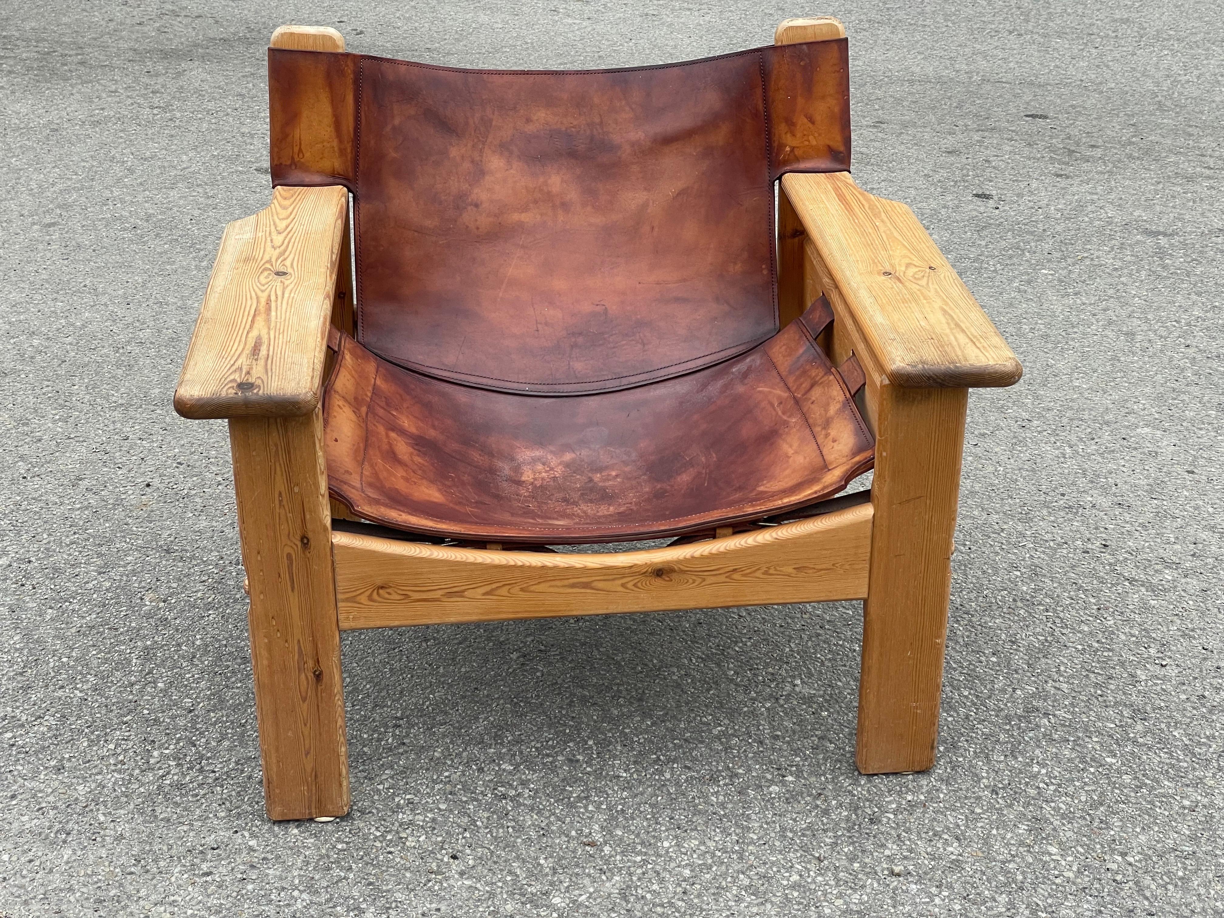 Rare chaise Safari en pin et cuir première édition de Karin Moring 1970's en vente 2