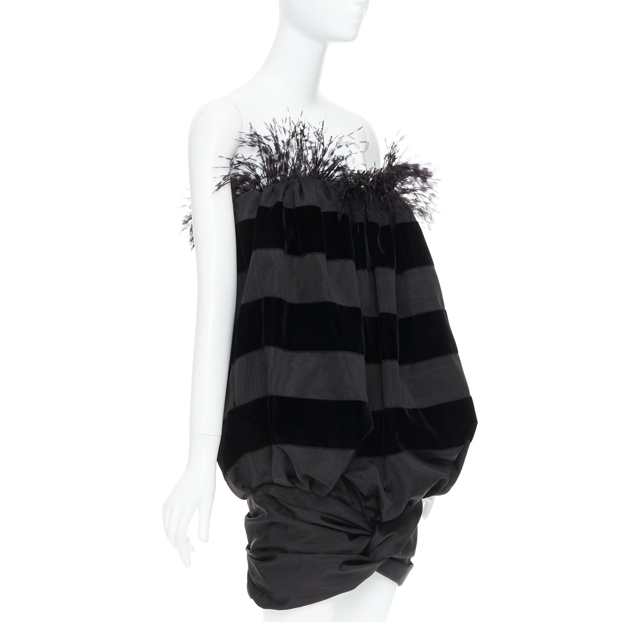 Black rare SAINT LAURENT 2021 Runway feather trim silk striped Le Pouf dress FR36 S