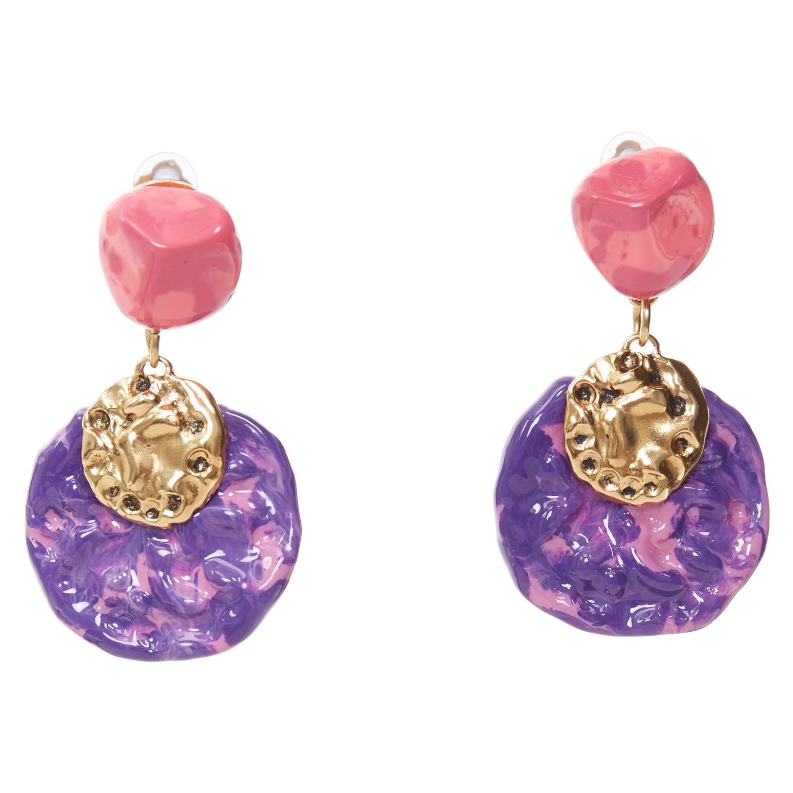 raro SAINT LAURENT 2022 Retro rosa viola smaltato resina ottone orecchini a clip Coppia in vendita