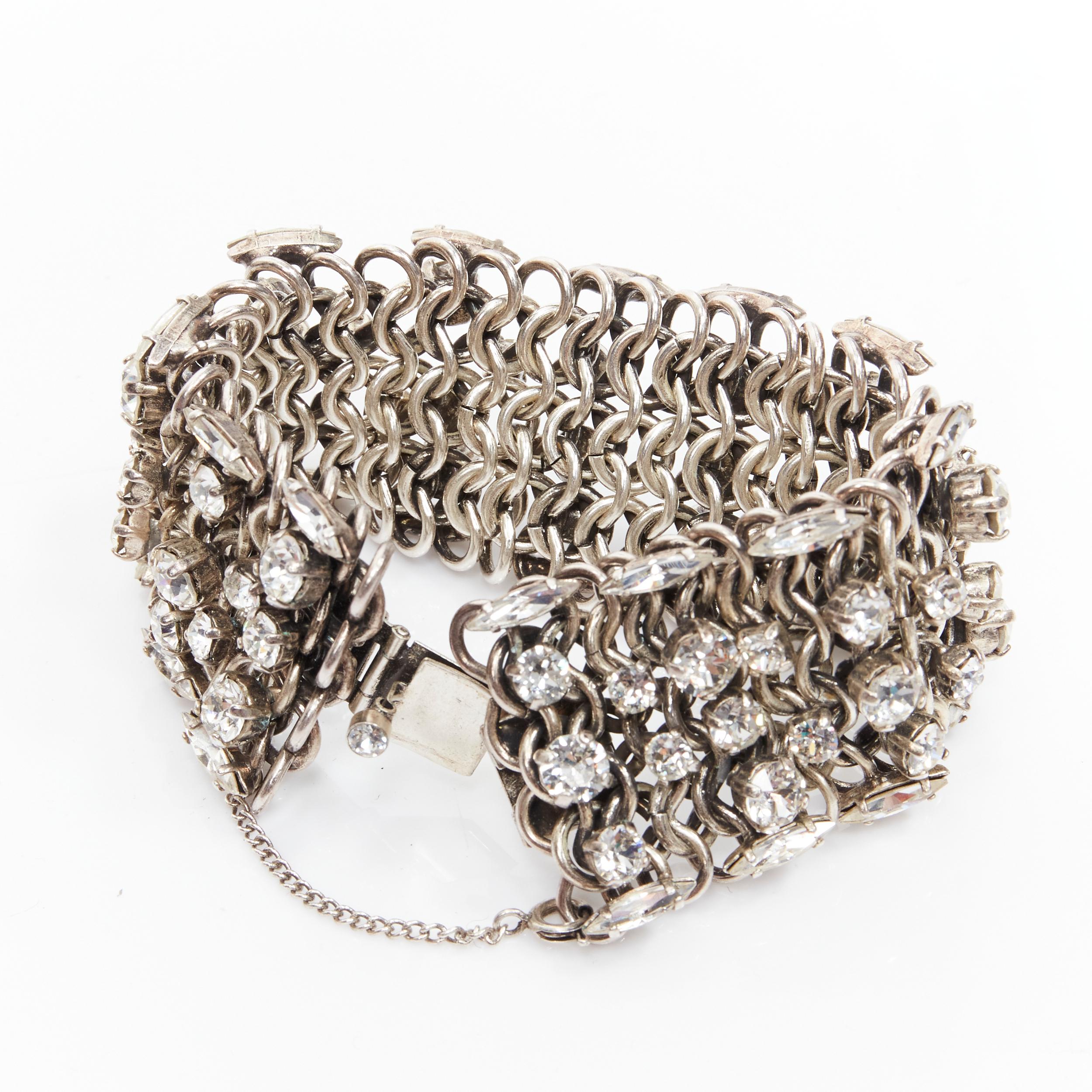 Silver rare SAINT LAURENT Grunge Punk crystal embellished silver chain bracelet cuff For Sale