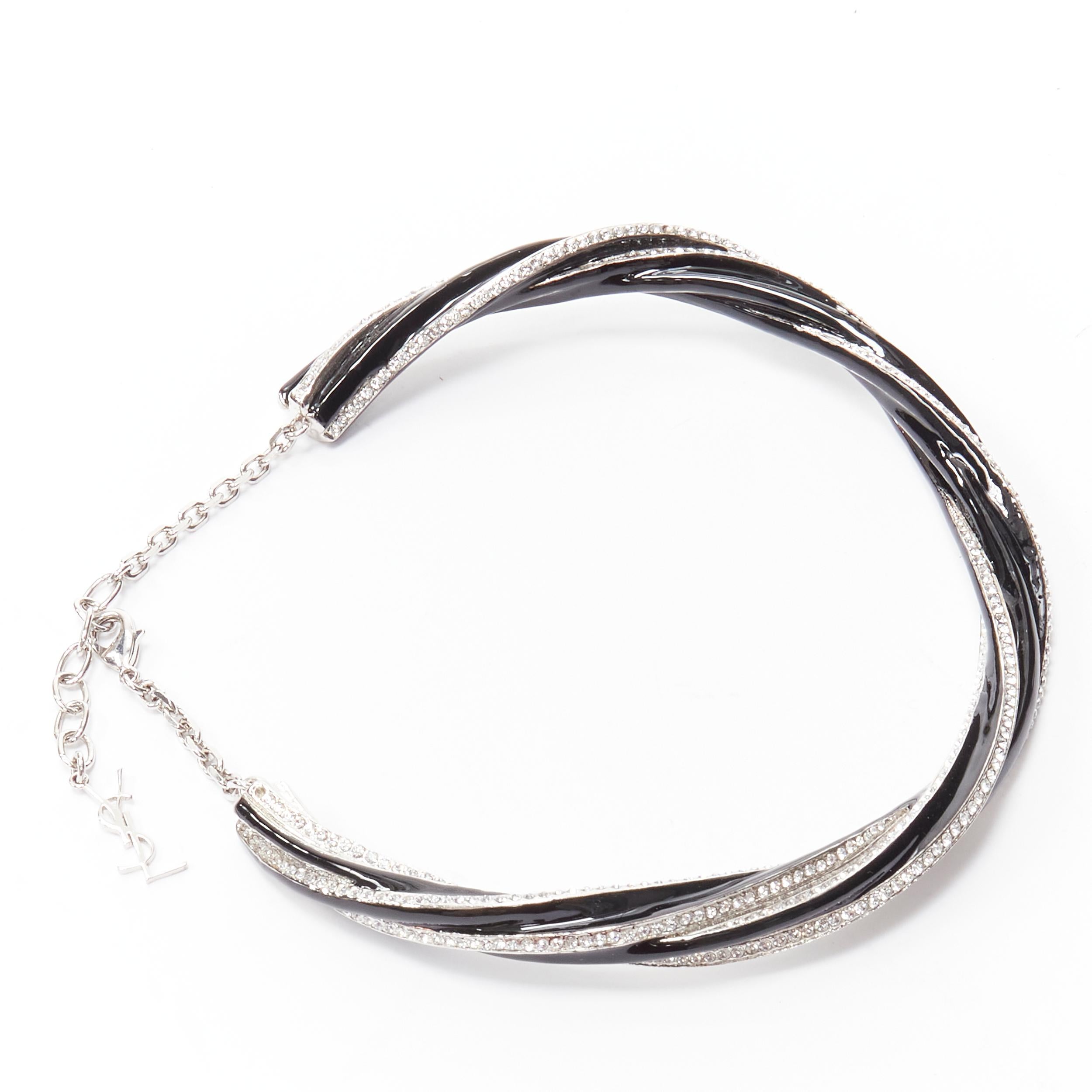 Women's rare SAINT LAURENT Hedi Slimane silver crystal black twist YSL charm choker