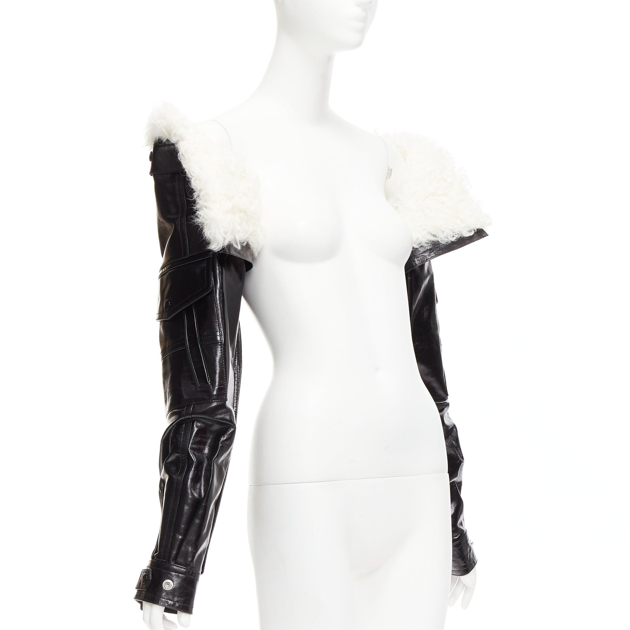 Women's rare SAINT LAURENT Runway black leather white shearling foldover sleeves For Sale