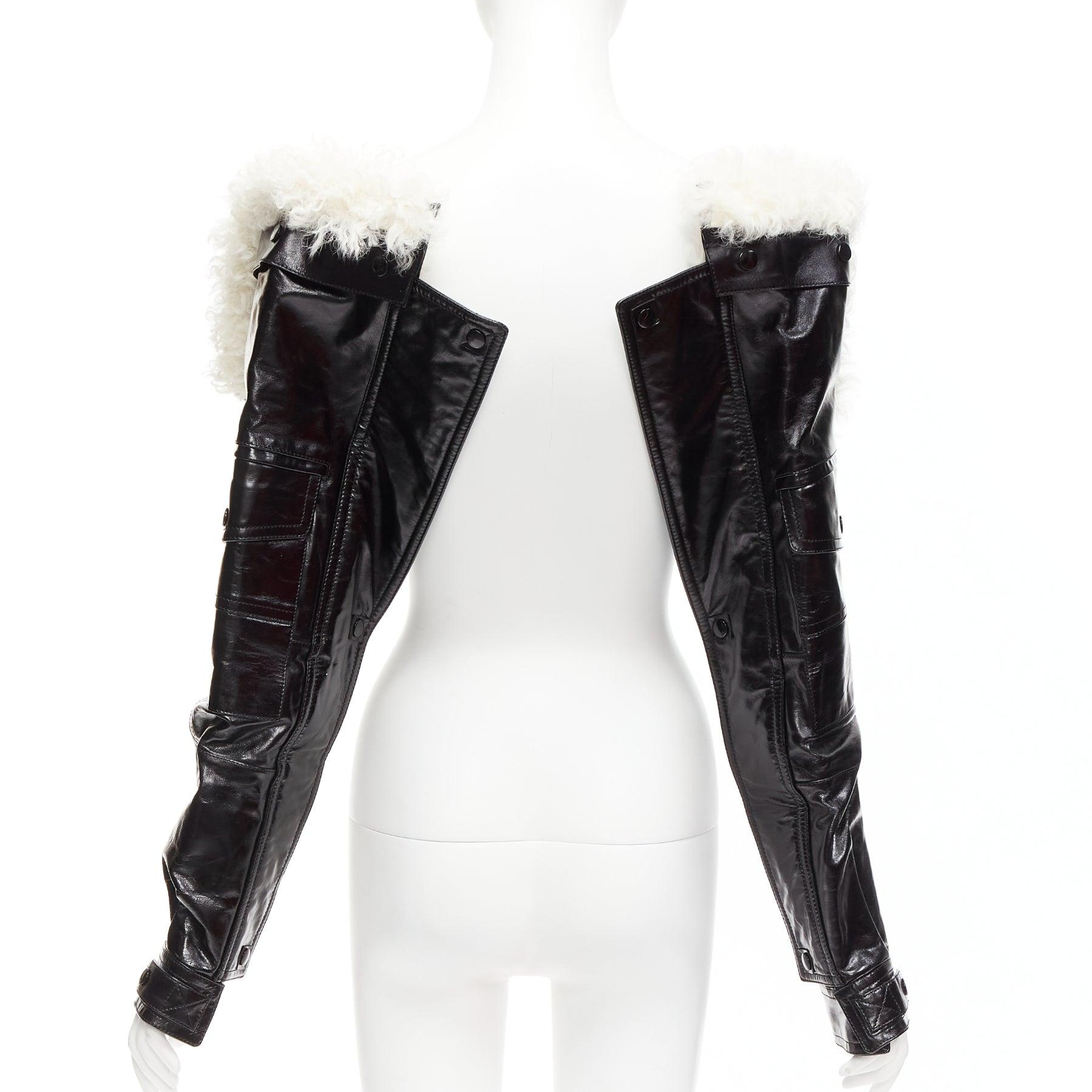 rare SAINT LAURENT Runway black leather white shearling foldover sleeves For Sale 2