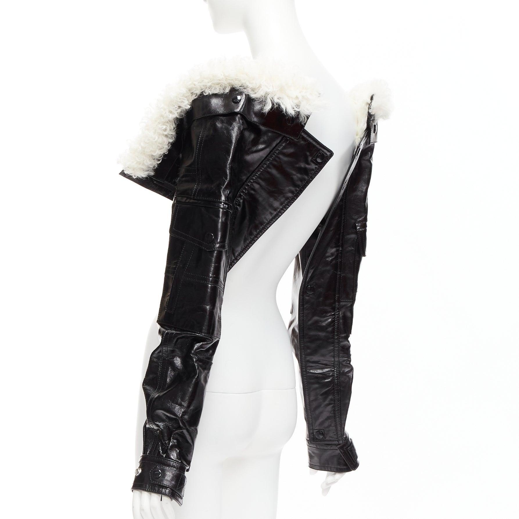 rare SAINT LAURENT Runway black leather white shearling foldover sleeves For Sale 3