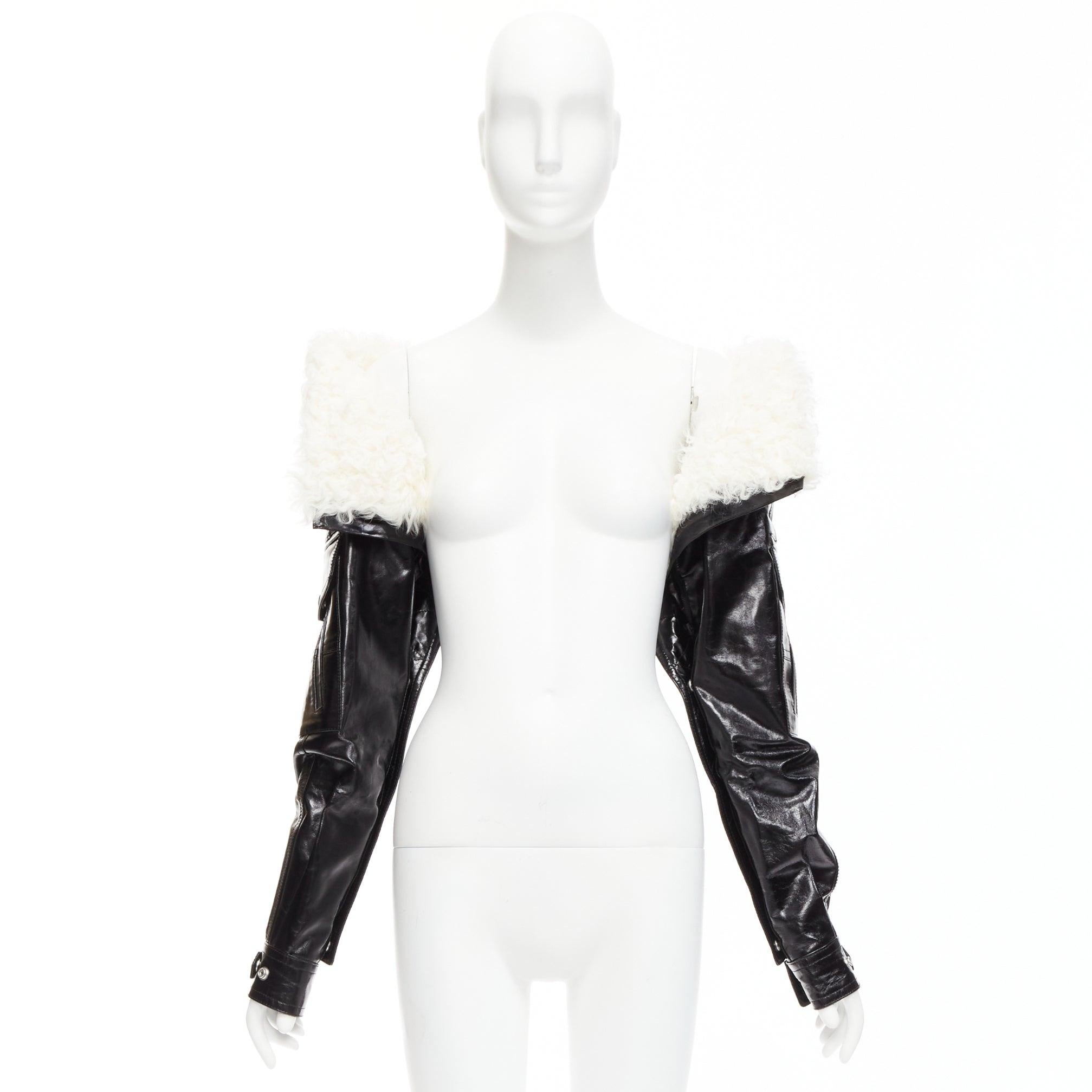 rare SAINT LAURENT Runway black leather white shearling foldover sleeves For Sale 6