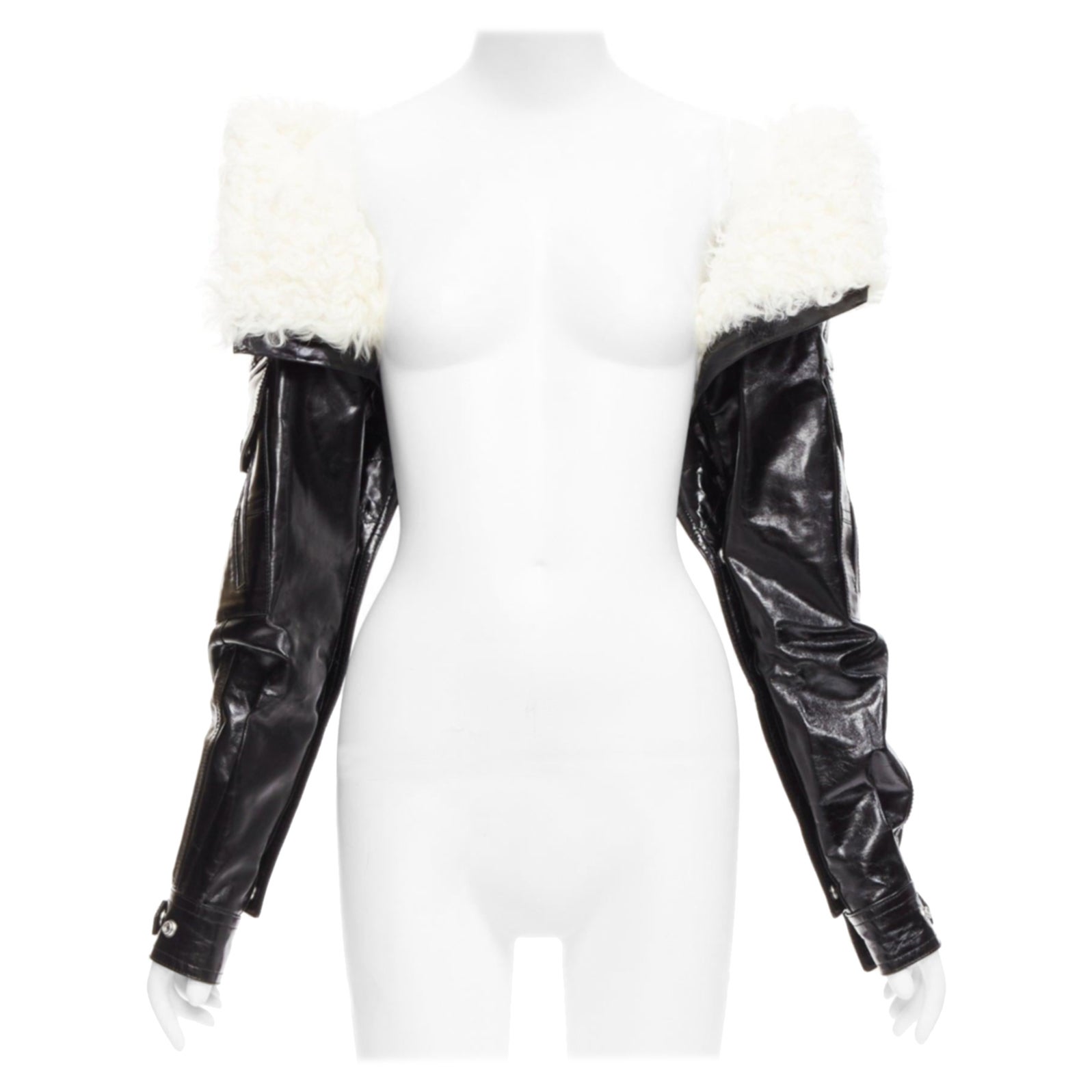 rare SAINT LAURENT Runway black leather white shearling foldover sleeves