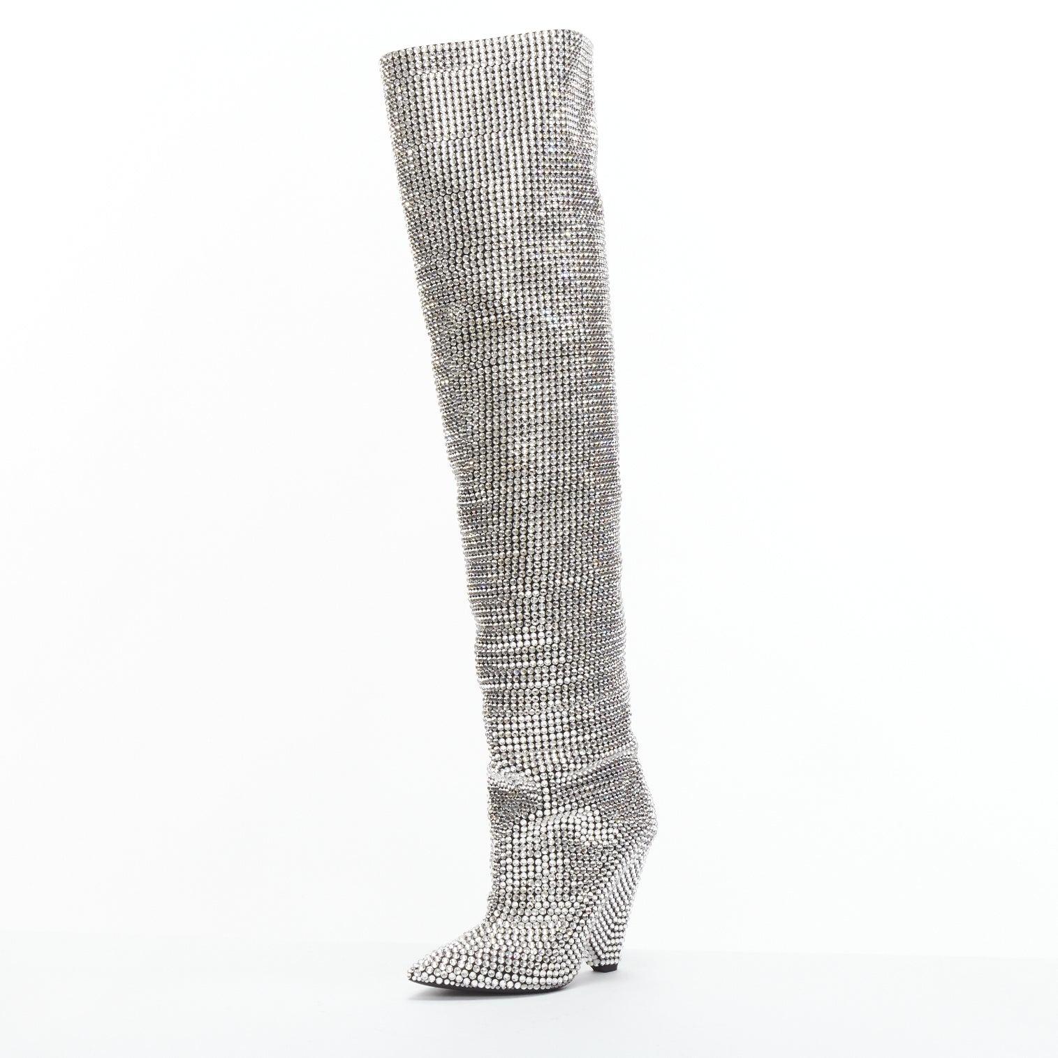 Gris SAINT LAURENT Runway Niki 105 Bottes incrustées de cristaux Swarovski EU36 en vente