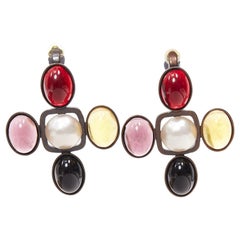 rare SAINT LAURENT Runway Resin Cabochon Cross aged bronze clip earrings Pair