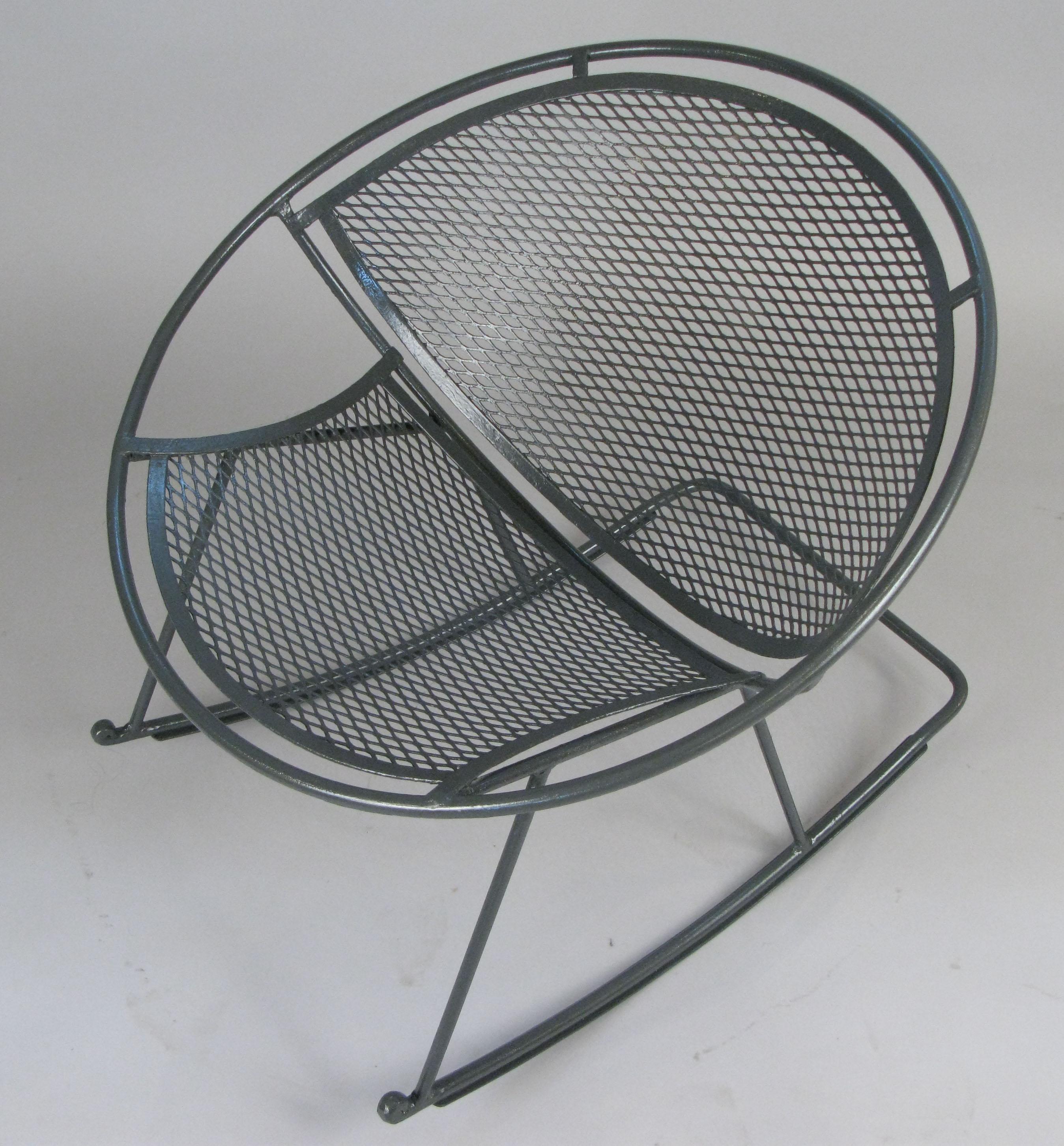 part of a complete set of vintage 1950's Salterini 'Radar', this rocking chair is one of the hardest pieces to find. very well made and in excellent condition, it is freshly refinished in dark grey, but can be finished in a color of your choice.