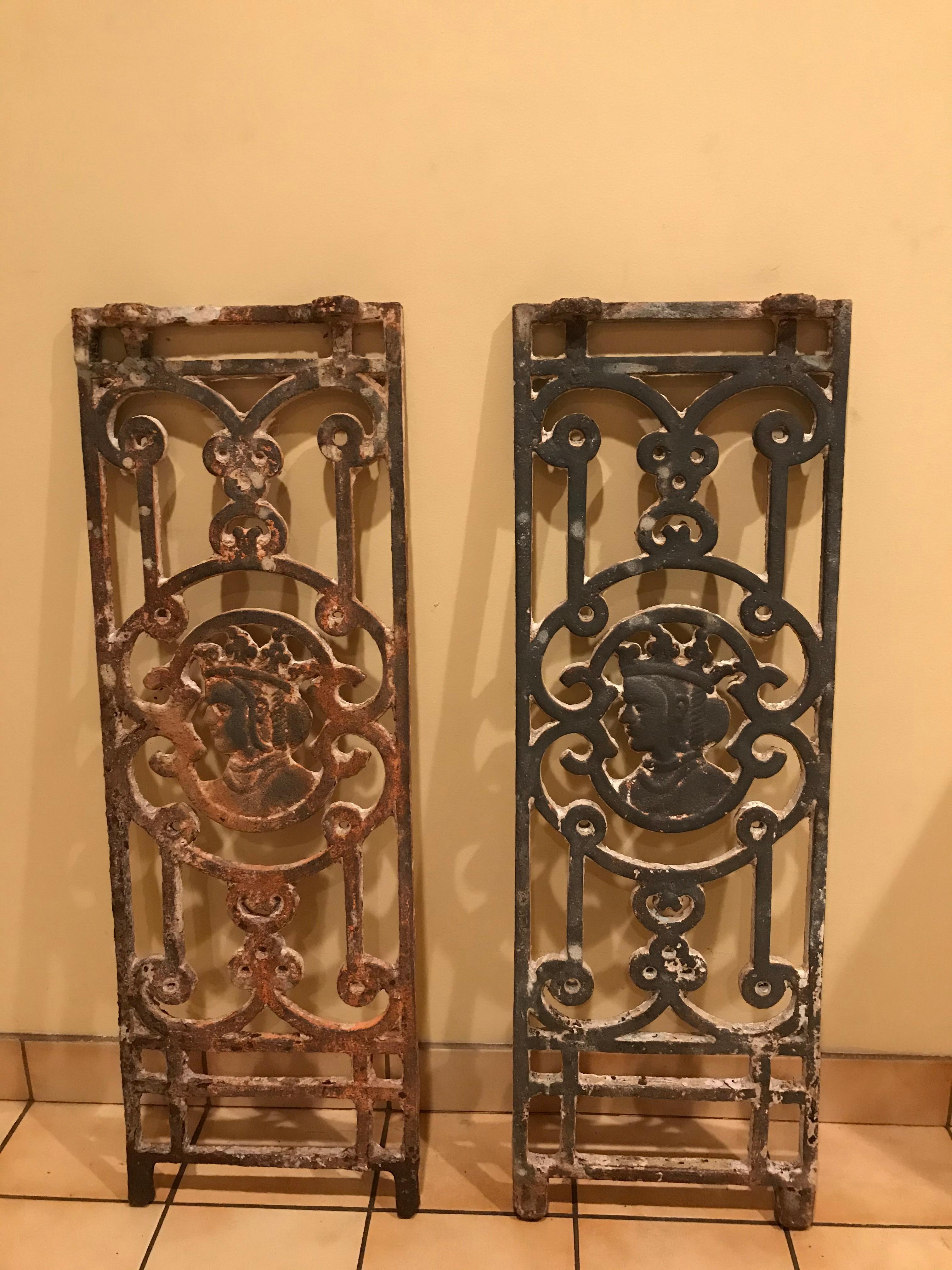 Rare salvaged young Queen Victoria Coronation Railings circa 1877 depicting crown and braid profile. These were balcony facade railings from an old British India Government Building torn down several years ago. They are rare to find in this