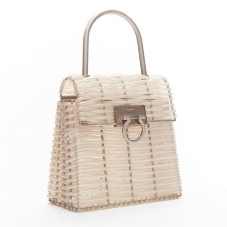 Beige rare SALVATORE FERRAGAMO Vintage Gancini clear vinyl cords metal bag For Sale
