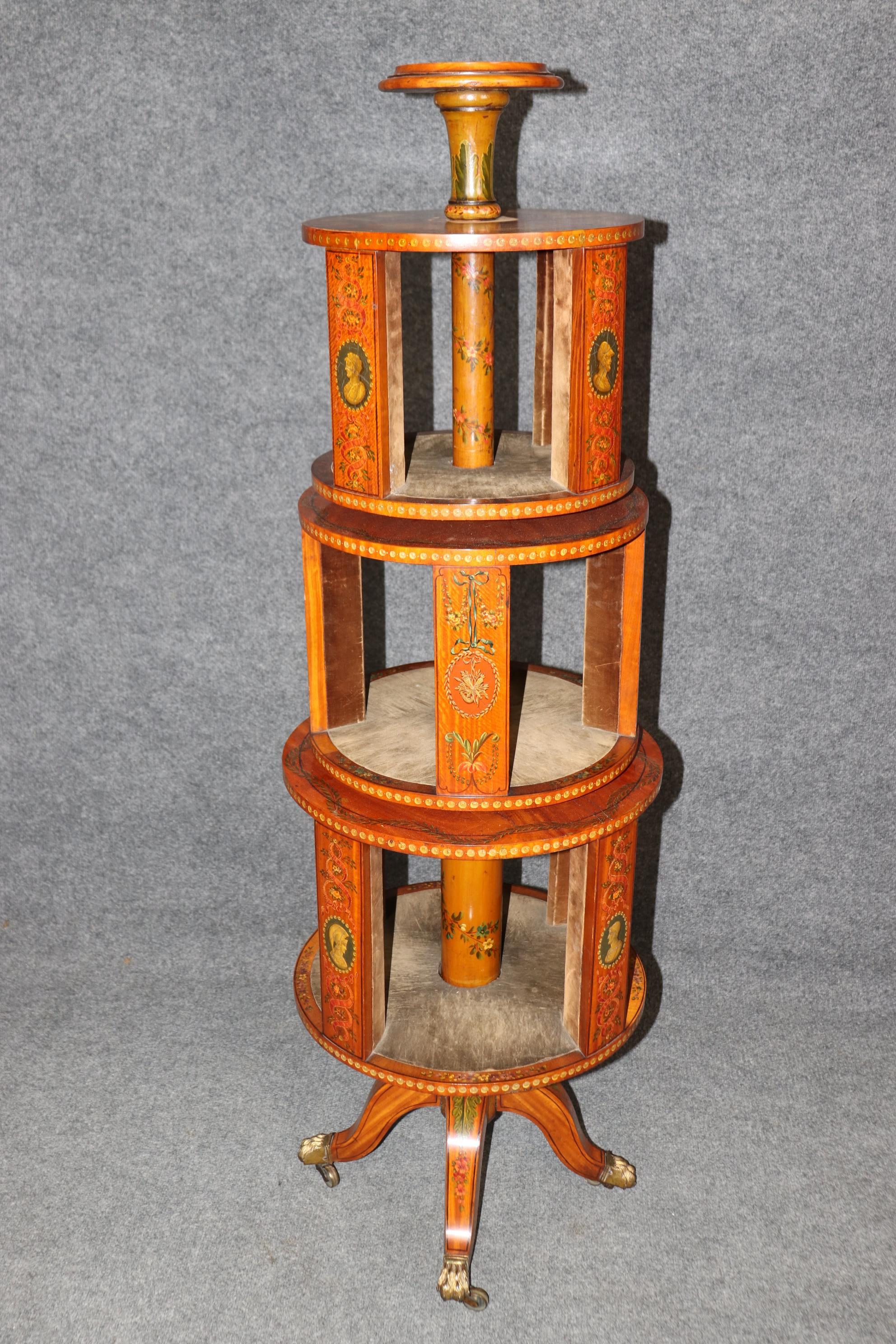Rare Satinwood Adams Paint Decorated Revolving English Bookcase 2