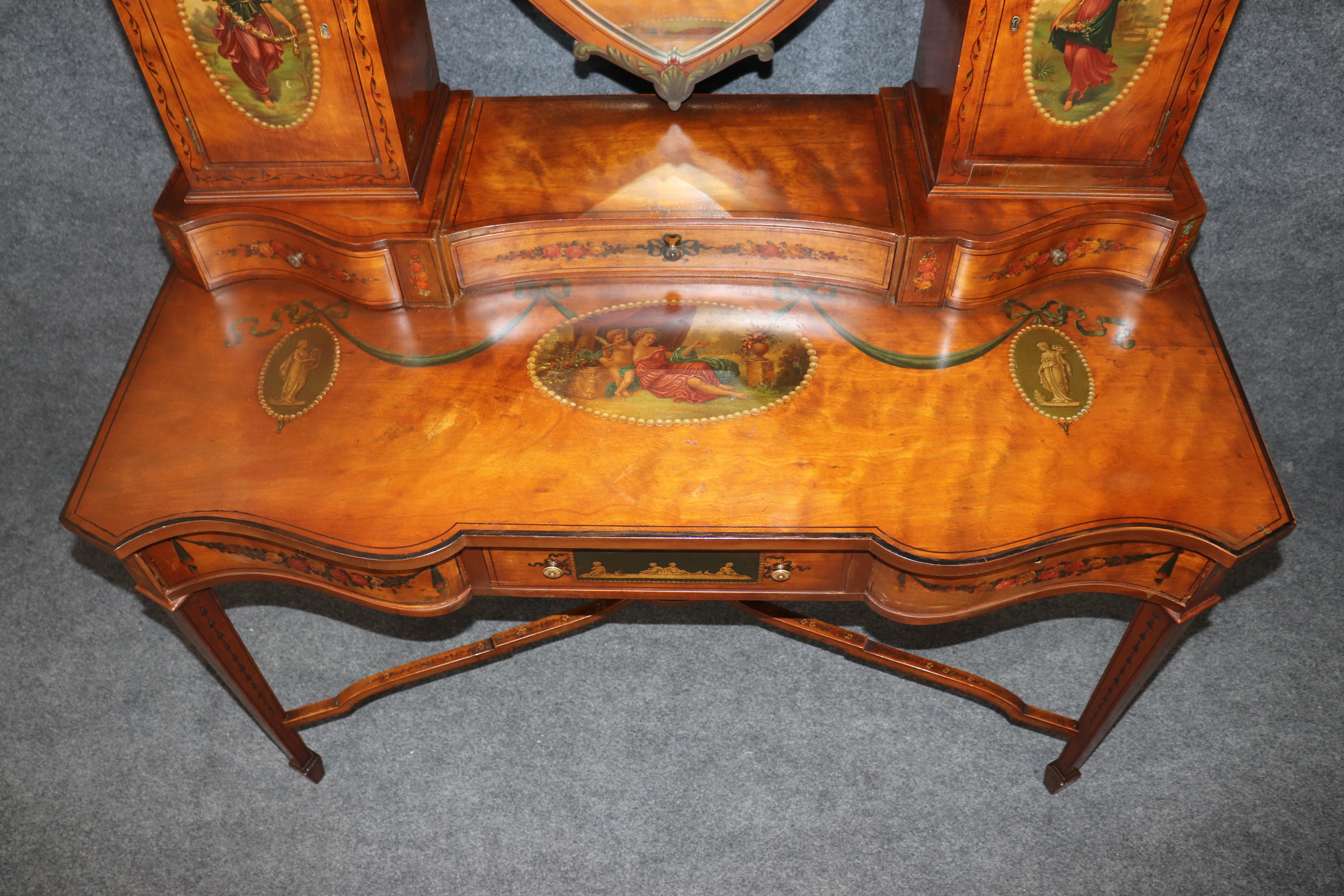 Inglese Raro Vanity da donna in stile Adams decorato con vernice in legno di raso, circa 1890 in vendita