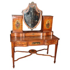 Raro Vanity da donna in stile Adams decorato con vernice in legno di raso, circa 1890