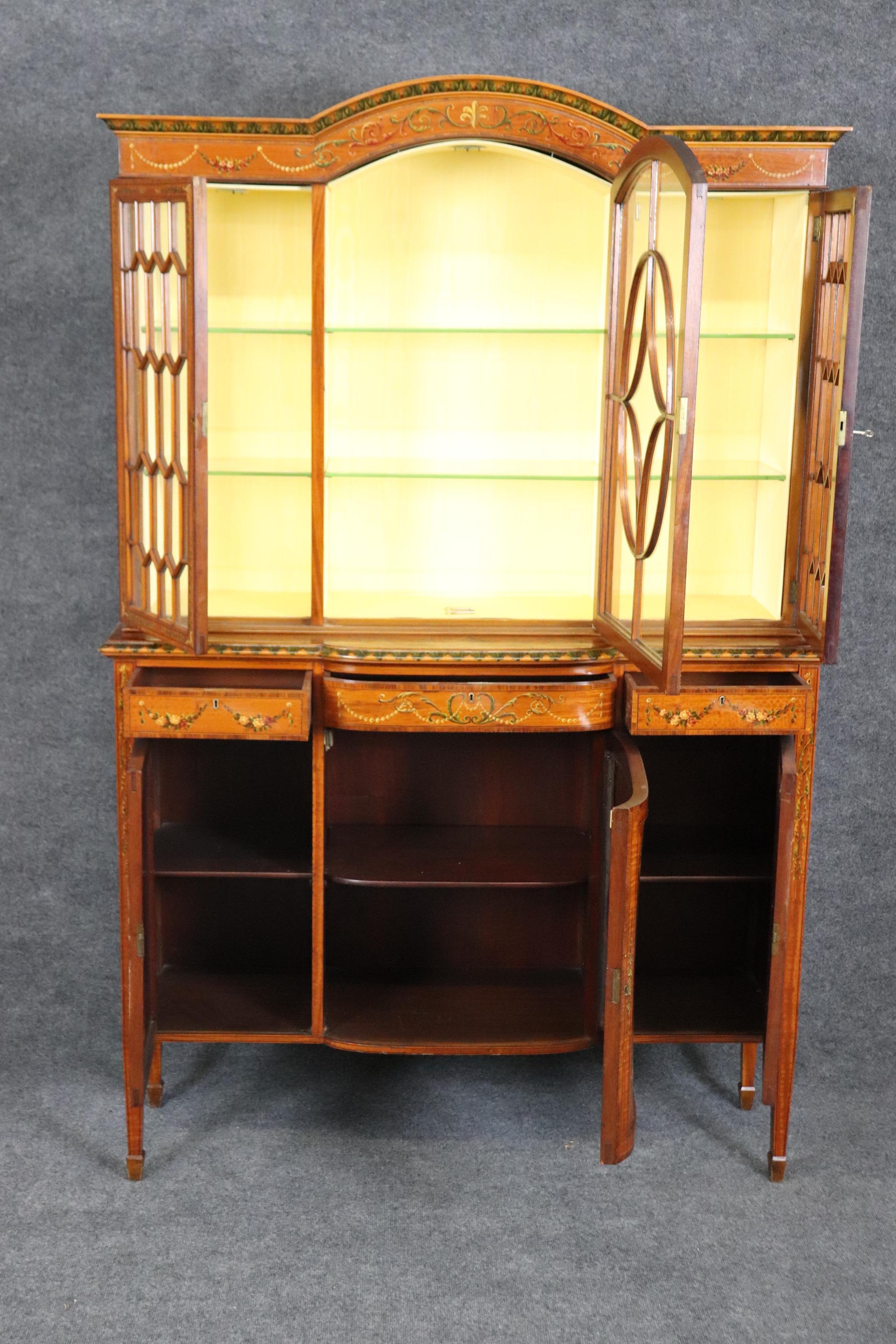 Early 20th Century Rare Satinwood Vernis Martin Paint Decorated Adams Style Vitrine China Cabinet For Sale