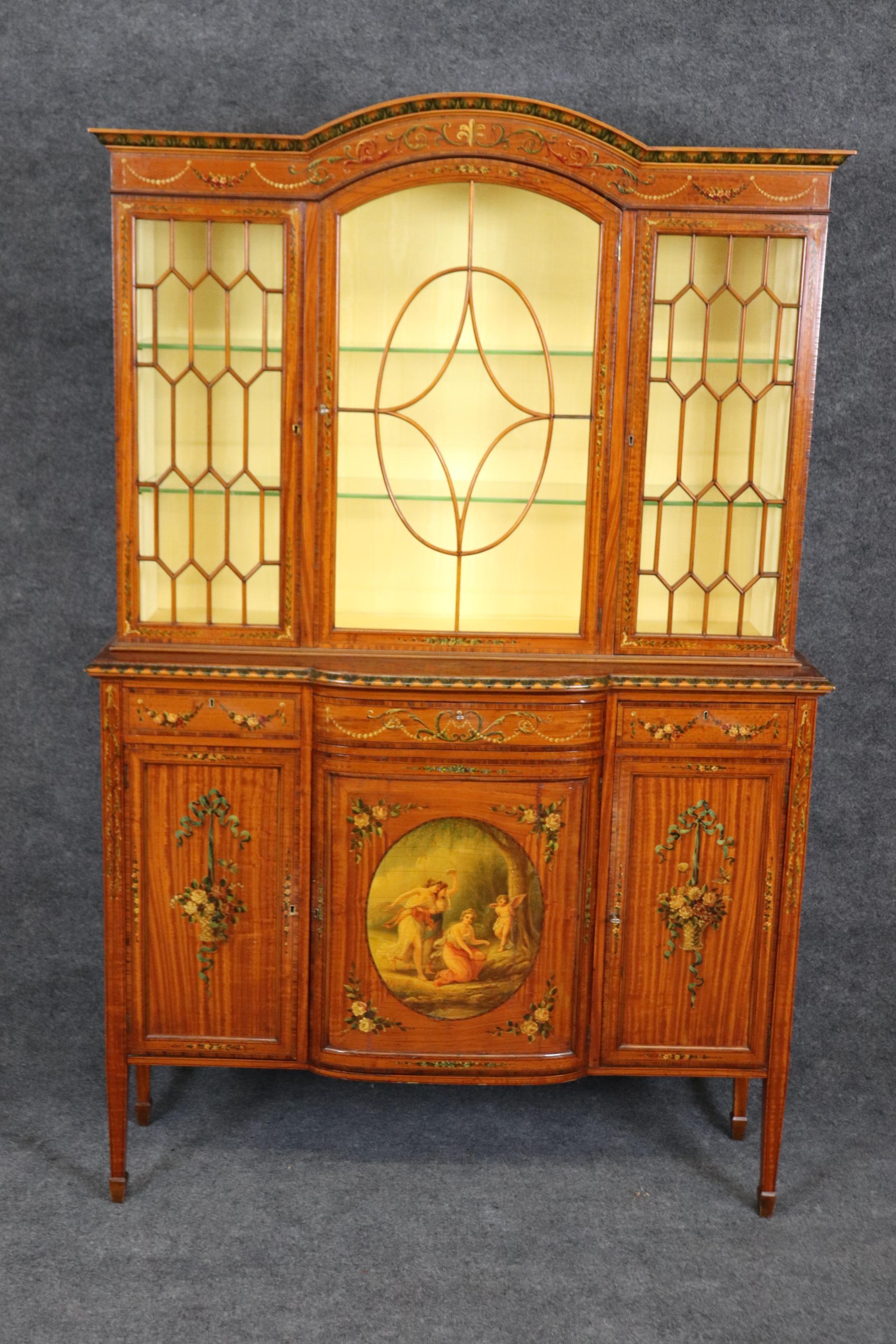 Glass Rare Satinwood Vernis Martin Paint Decorated Adams Style Vitrine China Cabinet For Sale