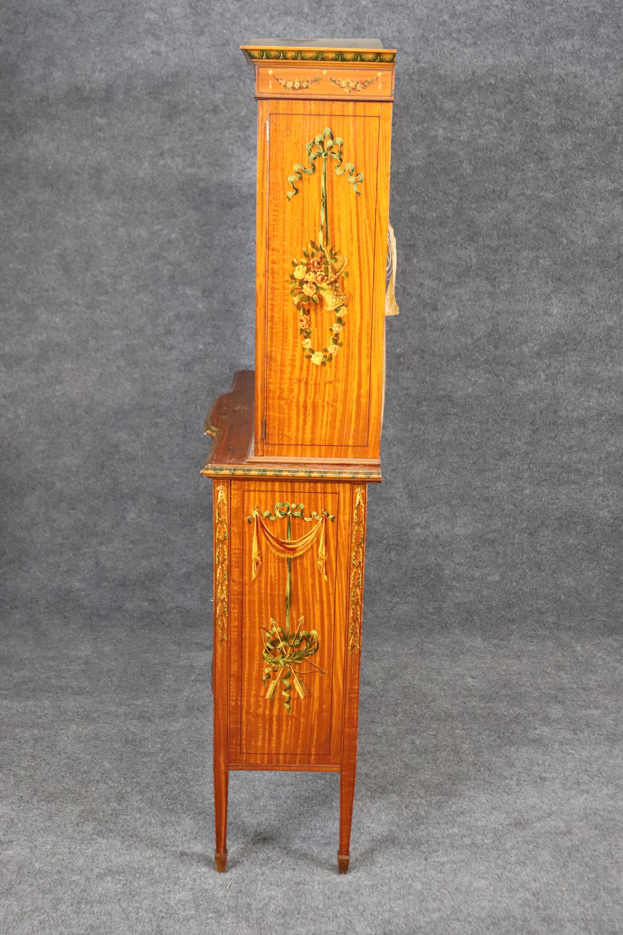 Rare Satinwood Vernis Martin Paint Decorated Adams Style Vitrine China Cabinet For Sale 1