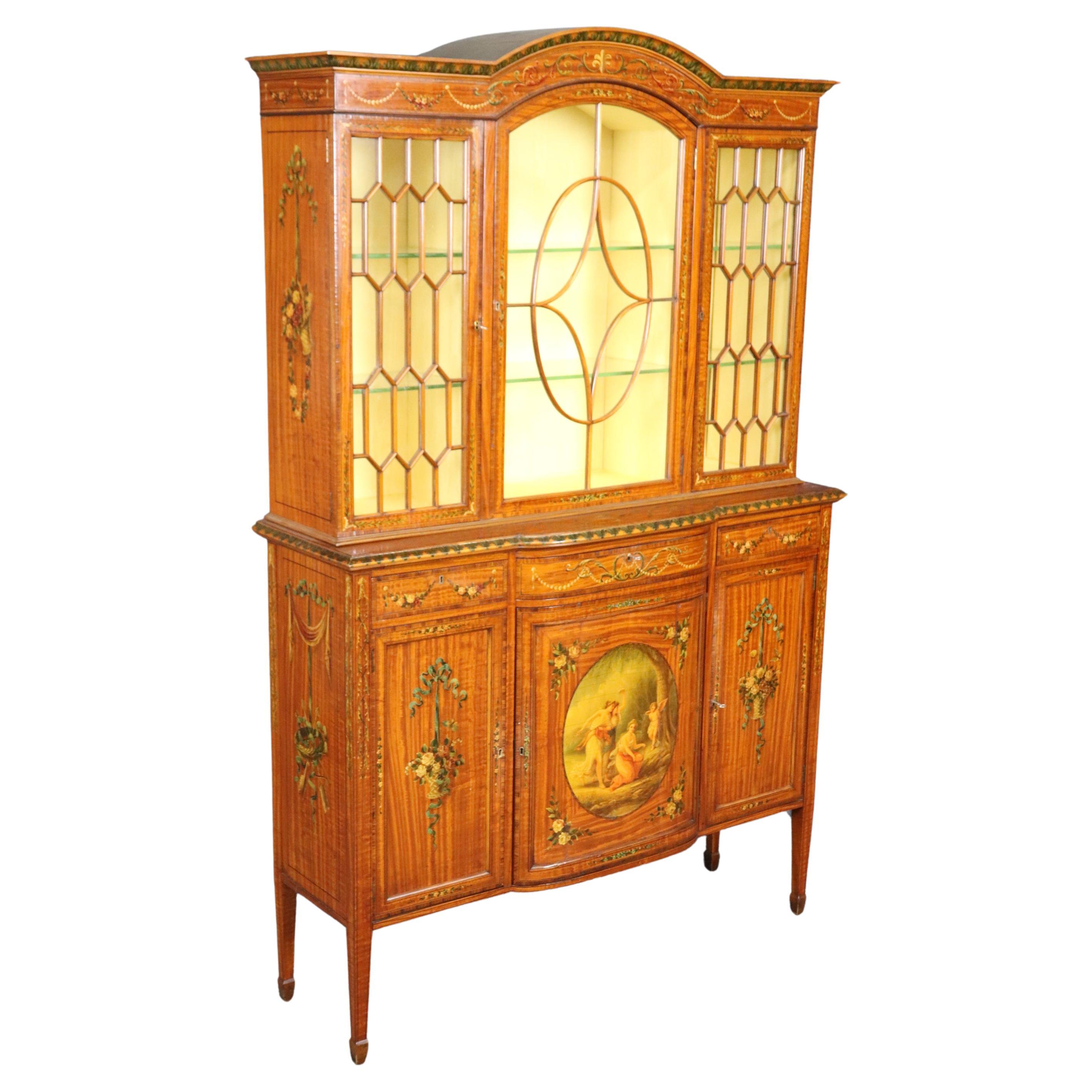Rare Satinwood Vernis Martin Paint Decorated Adams Style Vitrine China Cabinet For Sale